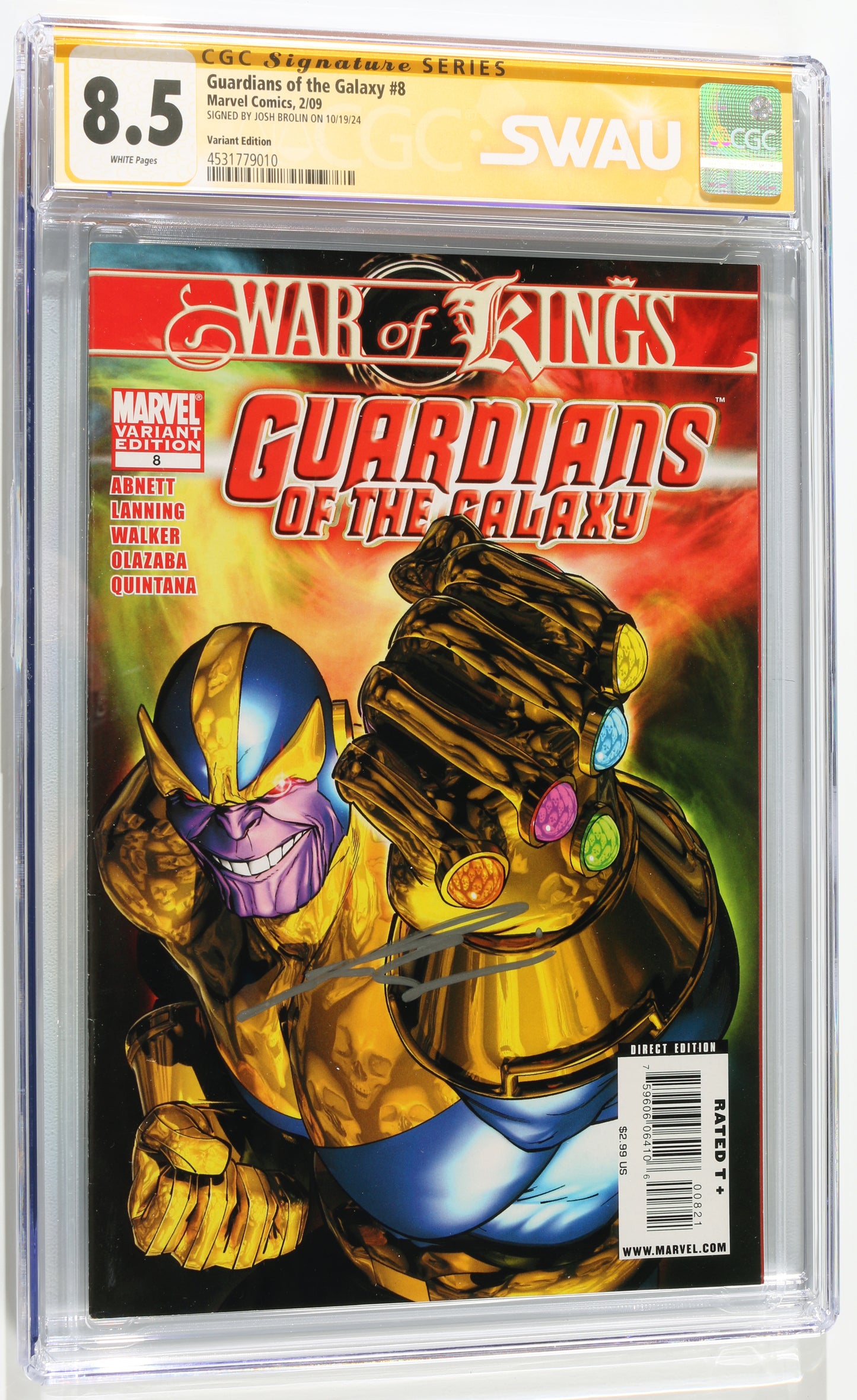 
                  
                    Guardians of the Galaxy #8 - Signed by Josh Brolin as Thanos from Avengers: Endgame (SWAU CGC Signature Series 8.5) 2009
                  
                