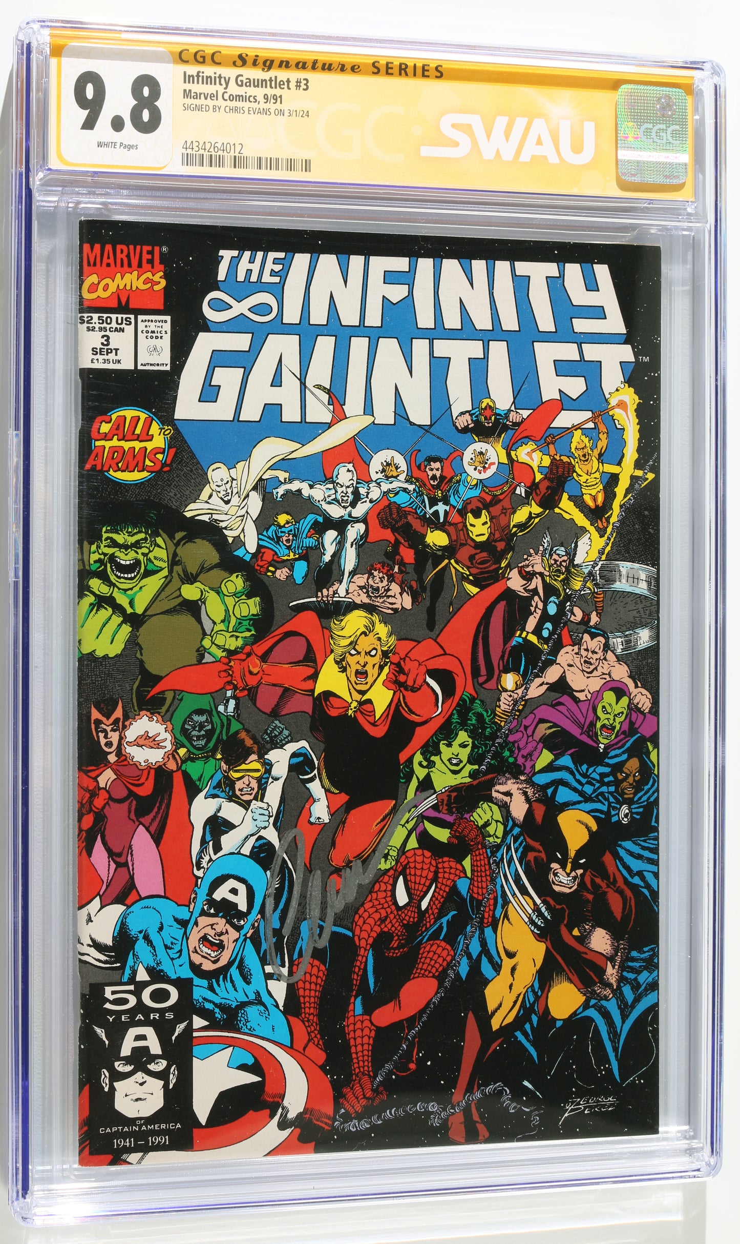 
                  
                    Infinity Gauntlet #3 - Signed by Chris Evans as Captain America from The Avengers (SWAU CGC Signature Series 9.8) 1991
                  
                