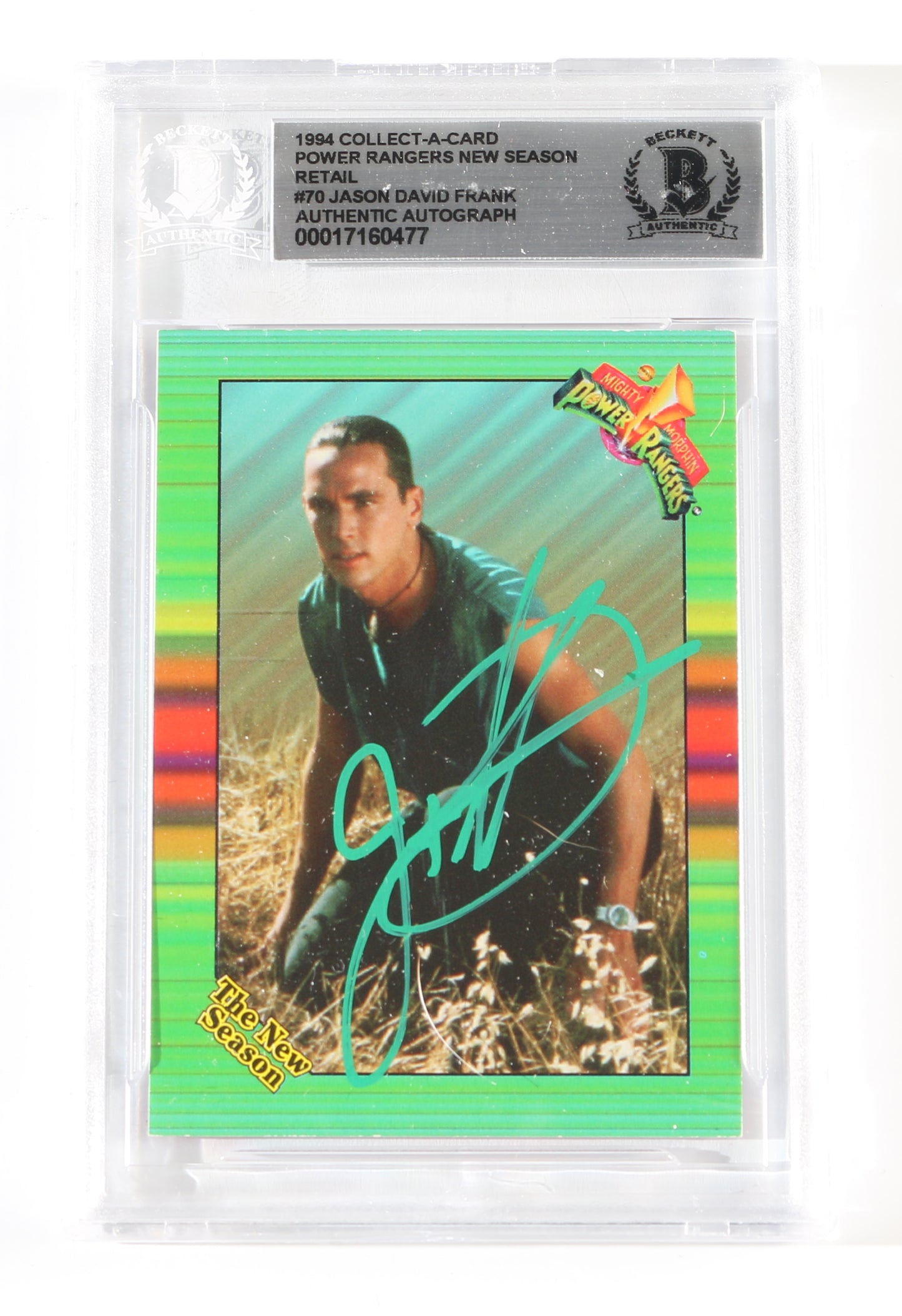 
                  
                    Jason David Frank as Tommy Oliver / Green Ranger in Mighty Morphin Power Rangers (Beckett Encapsulated) Signed 1994 Trading Card #70
                  
                