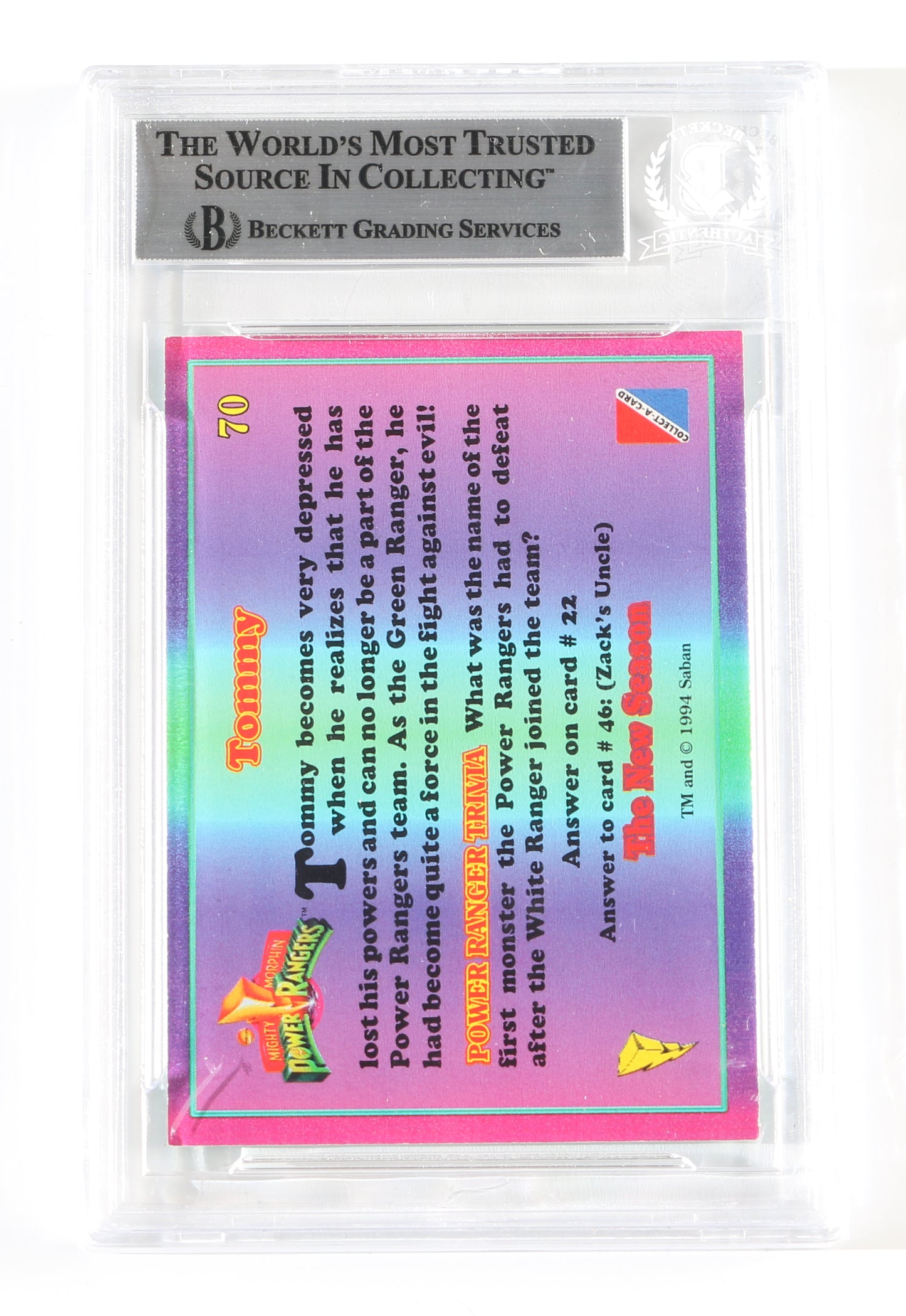 
                  
                    Jason David Frank as Tommy Oliver / Green Ranger in Mighty Morphin Power Rangers (Beckett Encapsulated) Signed 1994 Trading Card #70
                  
                
