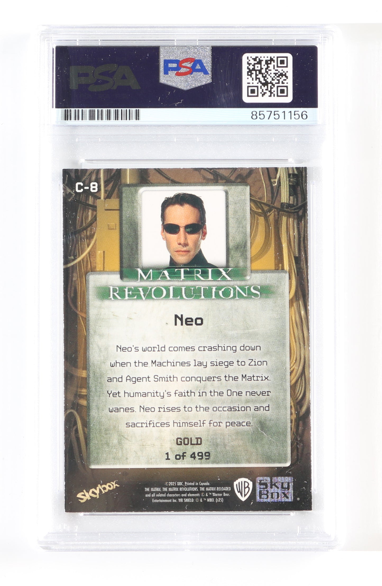 
                  
                    Keanu Reeves as Neo in The Matrix (PSA Encapsulated) Signed Skybox Trading Card Limited Edition Gold 1/499
                  
                