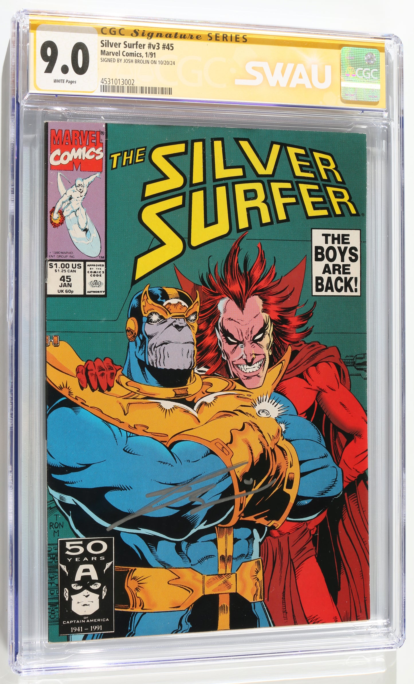 
                  
                    Silver Surfer #v3 #45 - Signed by Josh Brolin as Thanos from Avengers: Endgame (SWAU CGC Signature Series 9.0) 1991
                  
                