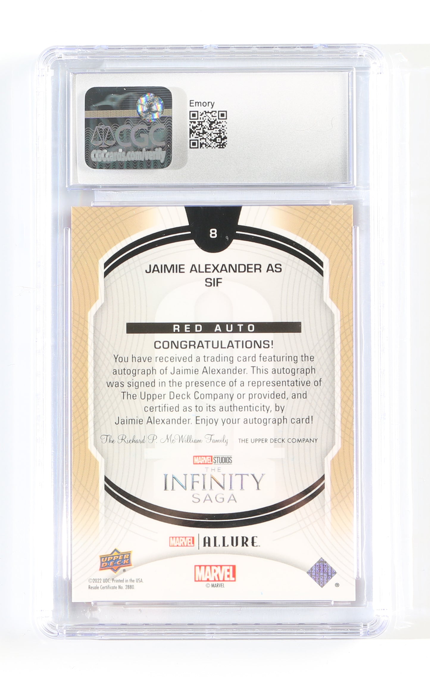 
                  
                    Jamie Alexander as Sif in Thor (CGC Encapsulated) Signed Upper Deck Trading Card #8
                  
                