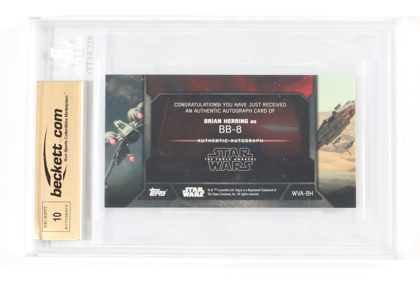
                  
                    Brian Herring as BB-8 in Star Wars: The Force Awakens (Beckett Encapsulated) Signed Topps Trading Card #WVA-BH
                  
                