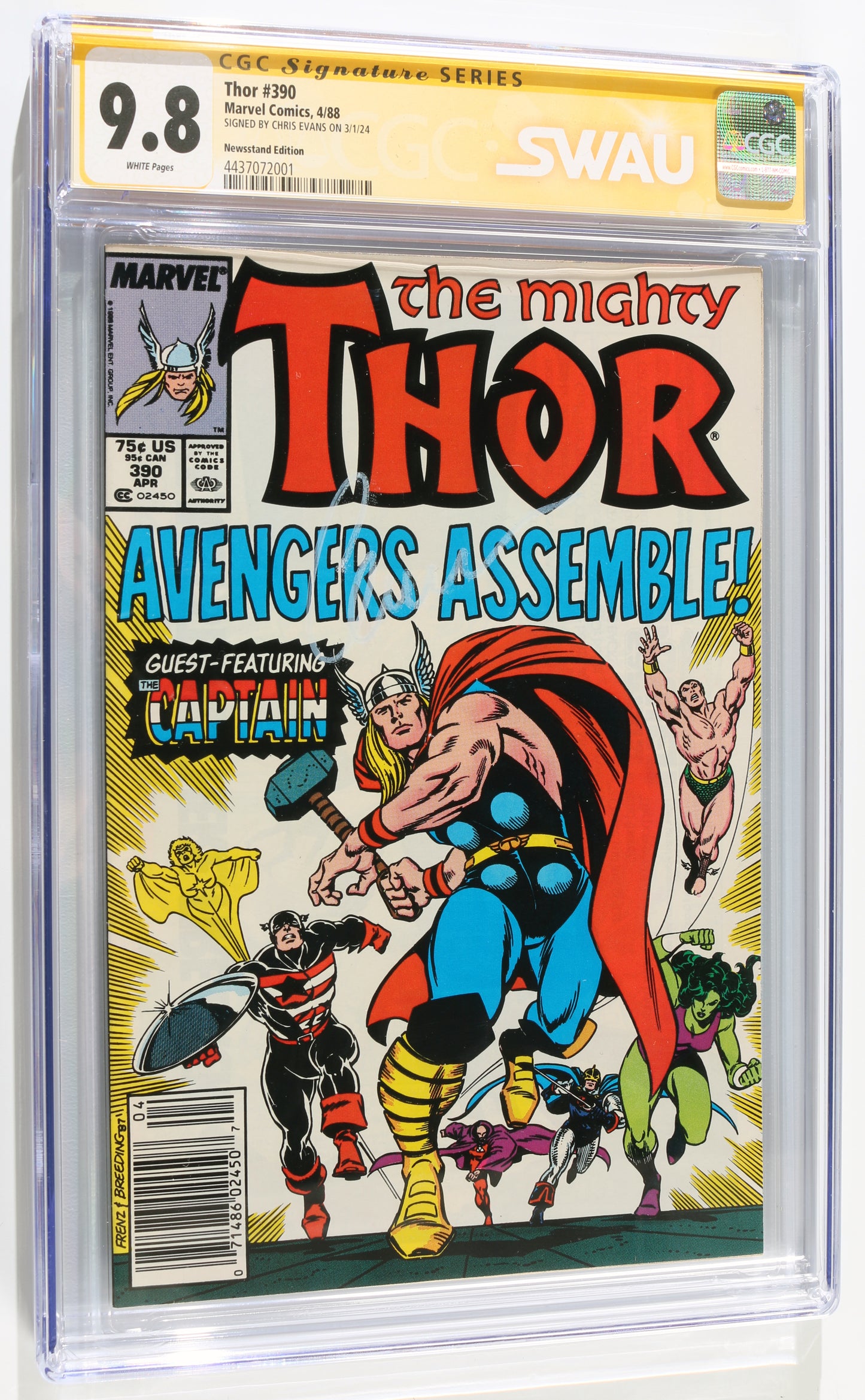 
                  
                    Marvel's Thor #390 - Signed by Signed by Chris Evans as Captain America from The Avengers (SWAU CGC Signature Series 9.8) 1988
                  
                