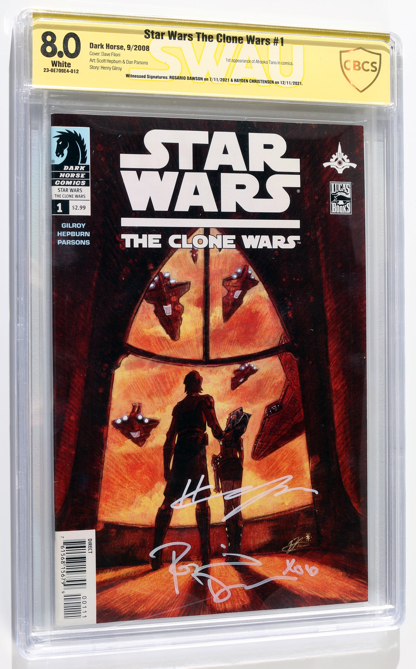 
                  
                    Star Wars: The Clone Wars #1 - Signed by Rosario Dawson as Ahsoka & Hayden Christensen as Anakin Skywalker from Star Wars: Ahsoka (SWAU CBCS Witnessed Signature 8.0) 2008
                  
                