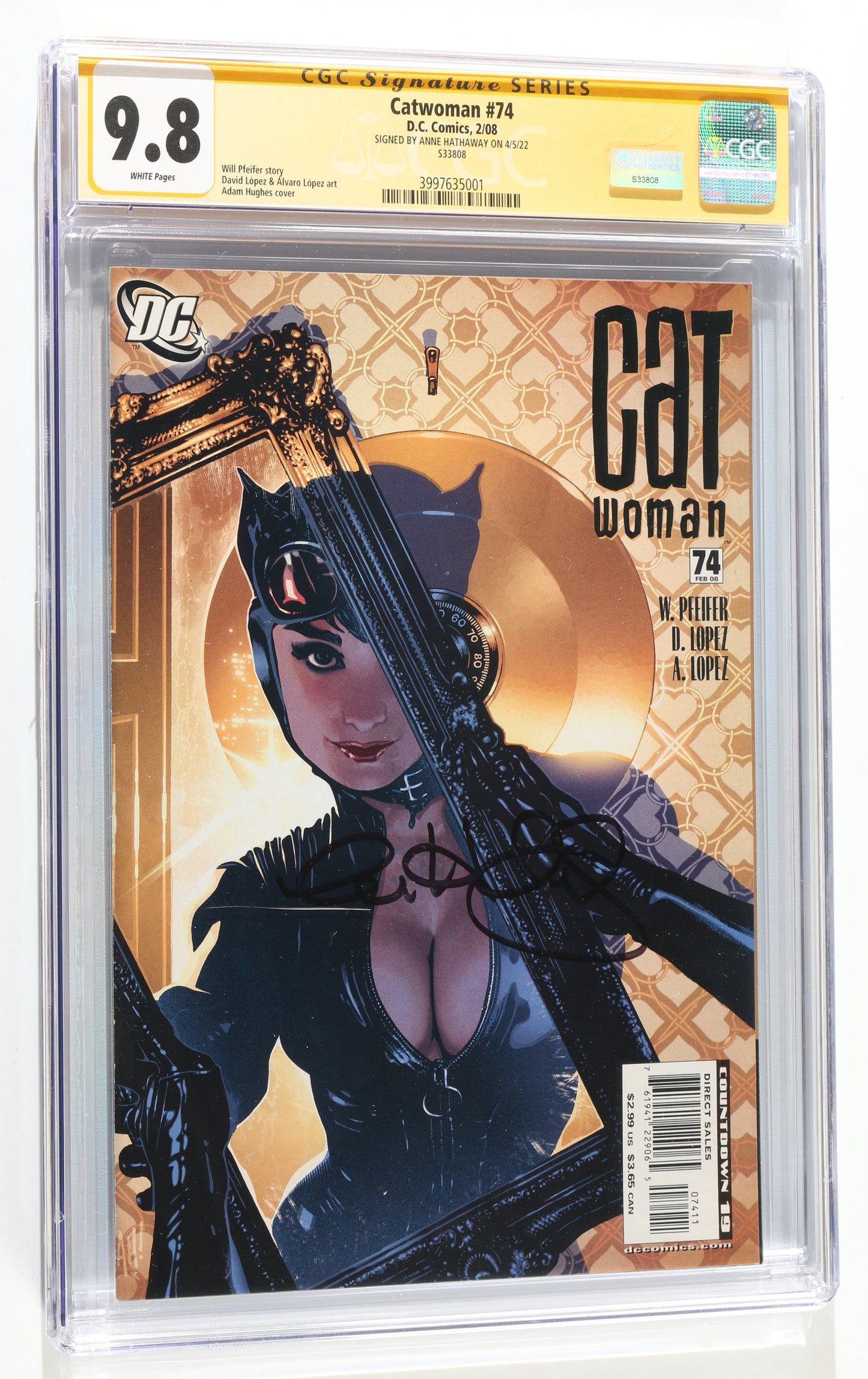 
                  
                    Catwoman #74 - Signed by Anne Hathaway as Catwoman from The Dark Knight Rises - Adam Hughes Cover (CGC Signature Series 9.8) 2022
                  
                