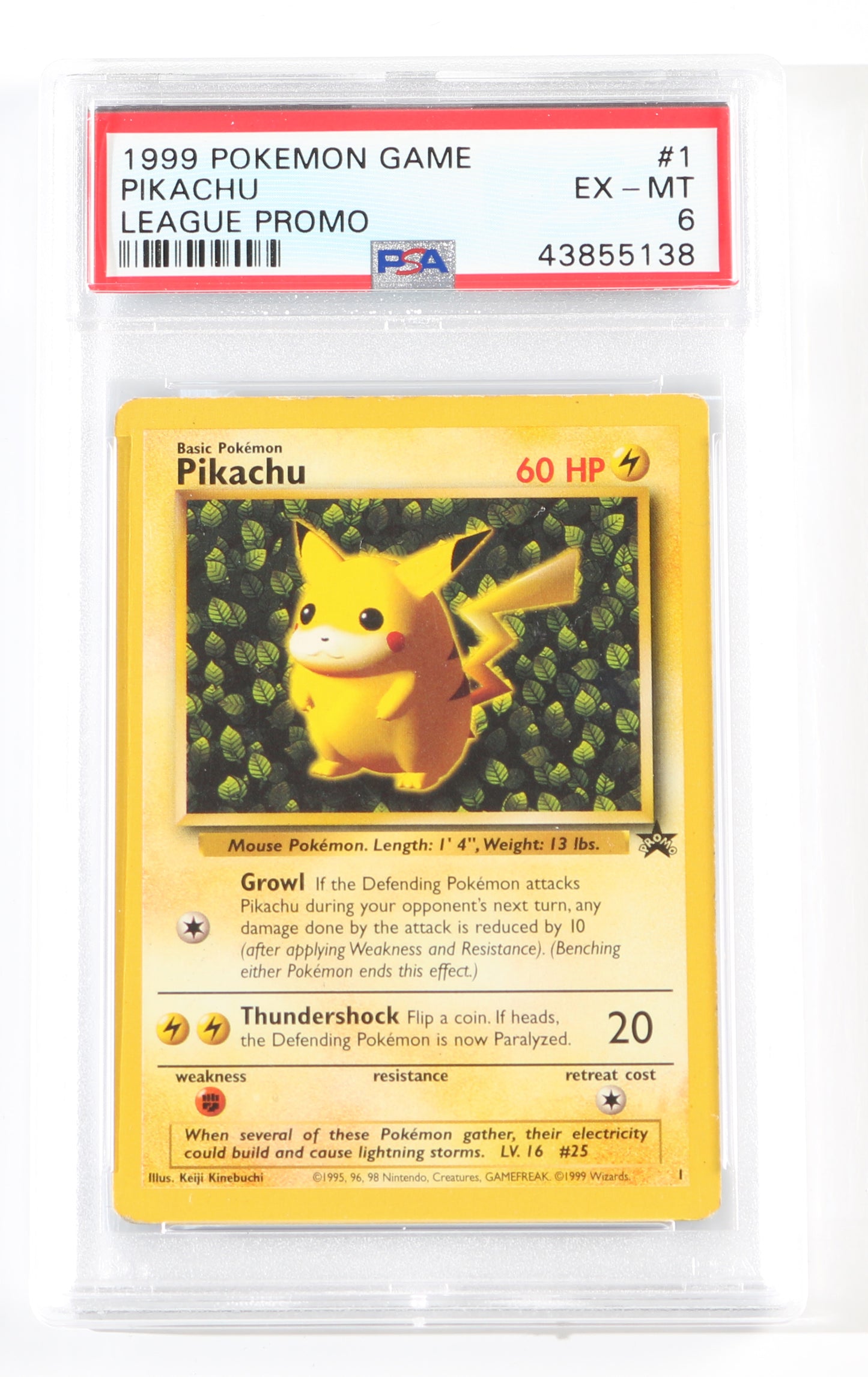 
                  
                    Pikachu League Promo (PSA Encapsulated Grade EX-MT 6) 1999 Pokemon Trading Card #1
                  
                