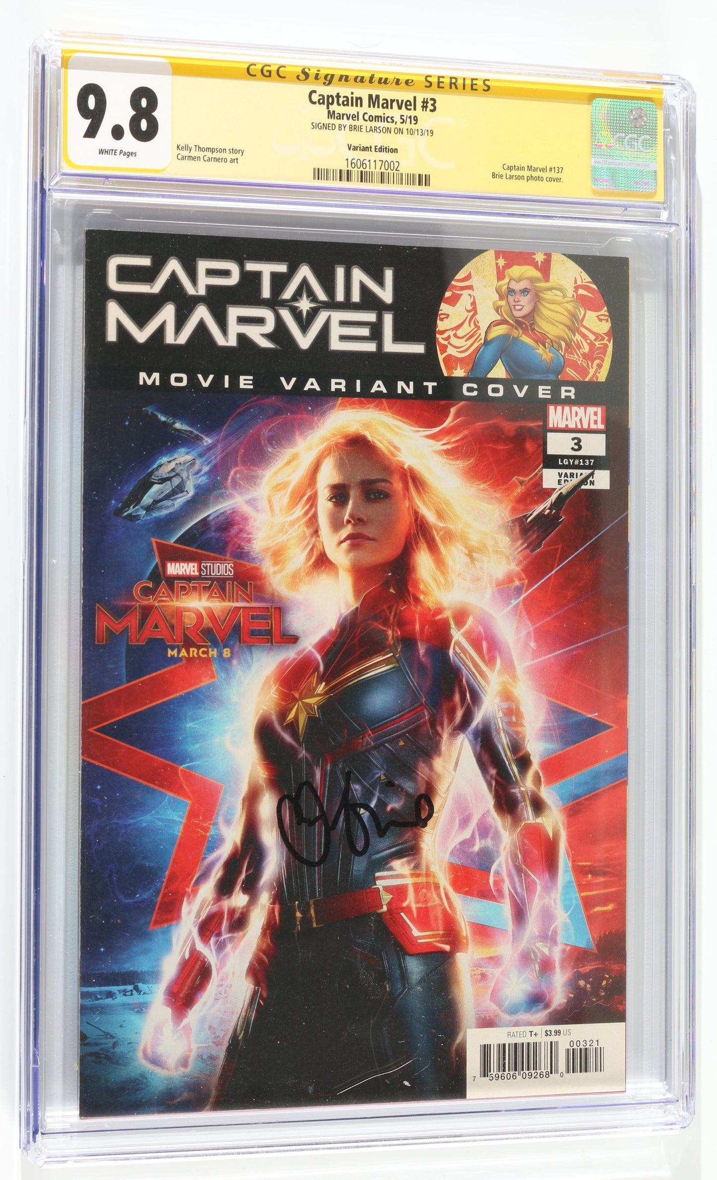 
                  
                    Captain Marvel #3 - Signed by Brie Larson as Carol Danvers / Captain Marvel in Captain Marvel (CGC Signature Series 9.8) 2019
                  
                