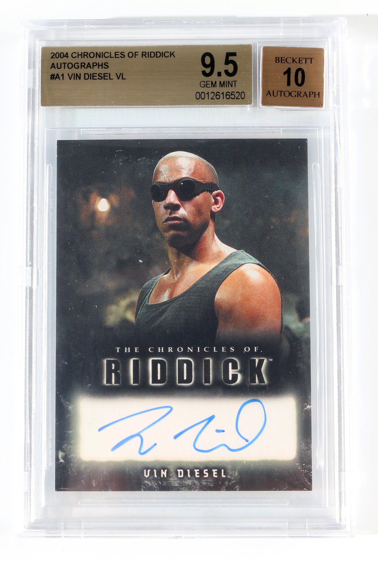 
                  
                    Vin Diesel as Richard B. Riddick in The Chronicles of Riddick (Beckett Encapsulated) Signed 2004 Rittenhouse Trading Card #A1
                  
                