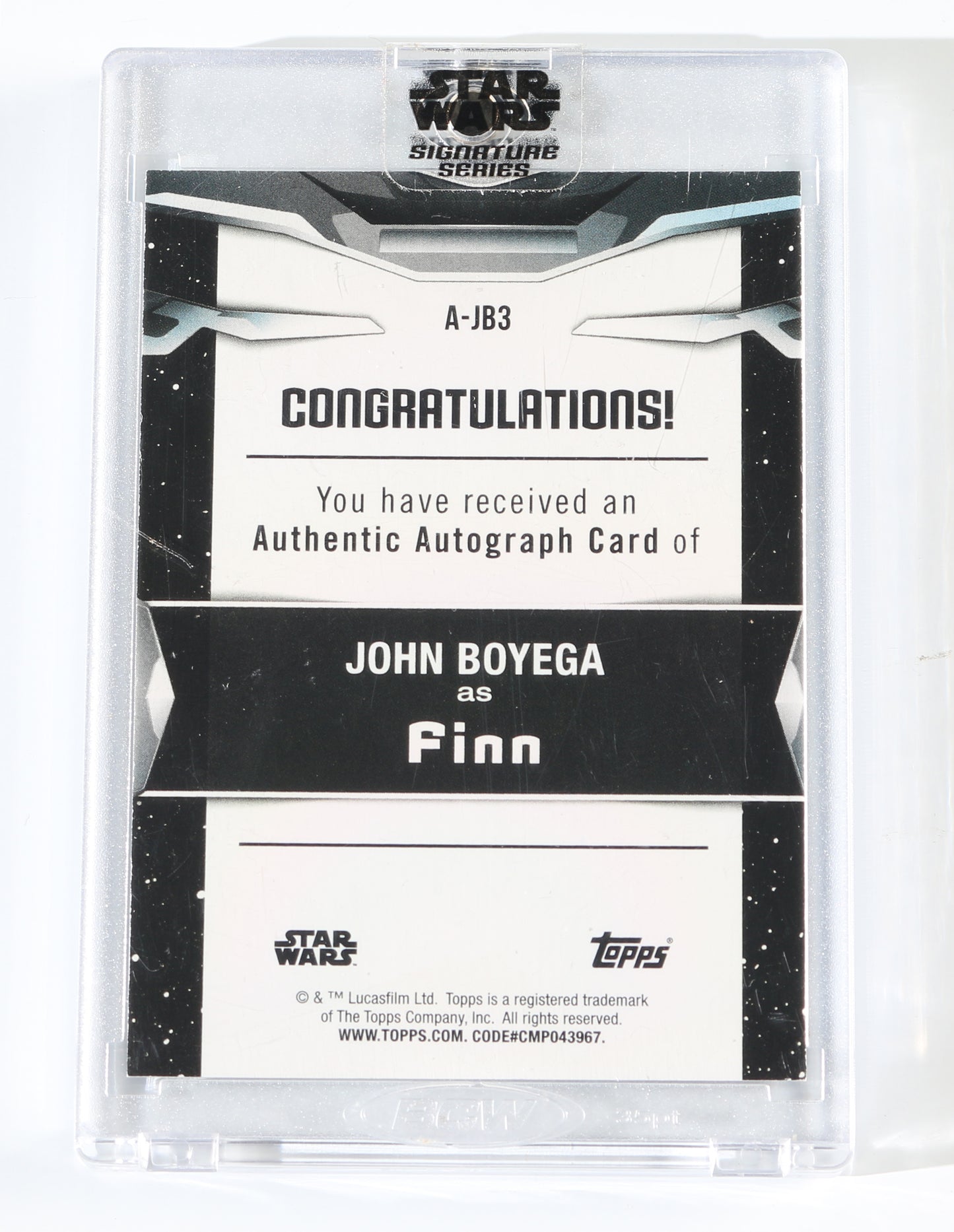 
                  
                    John Boyega as Finn in Star Wars: The Force Awakens Signed Topps Trading Card #A-JB3
                  
                