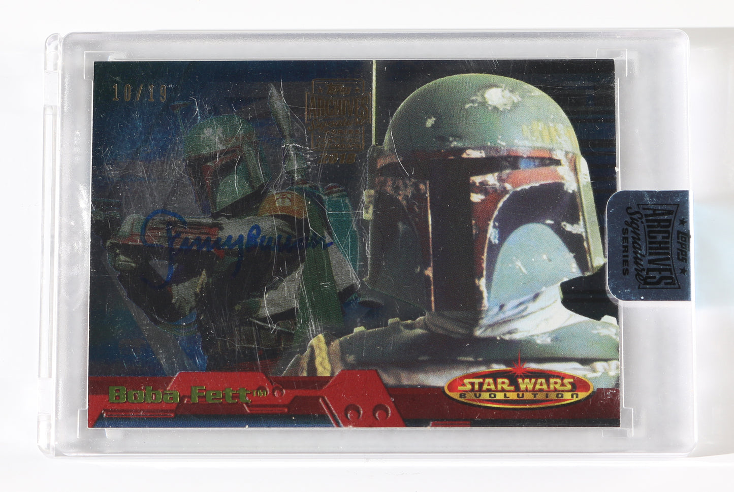 
                  
                    Jeremy Bulloch as Boba Fett in Star Wars: Return of the Jedi Signed Topps Star Wars Evolution Trading Card #11 Limited Edition #10/19
                  
                