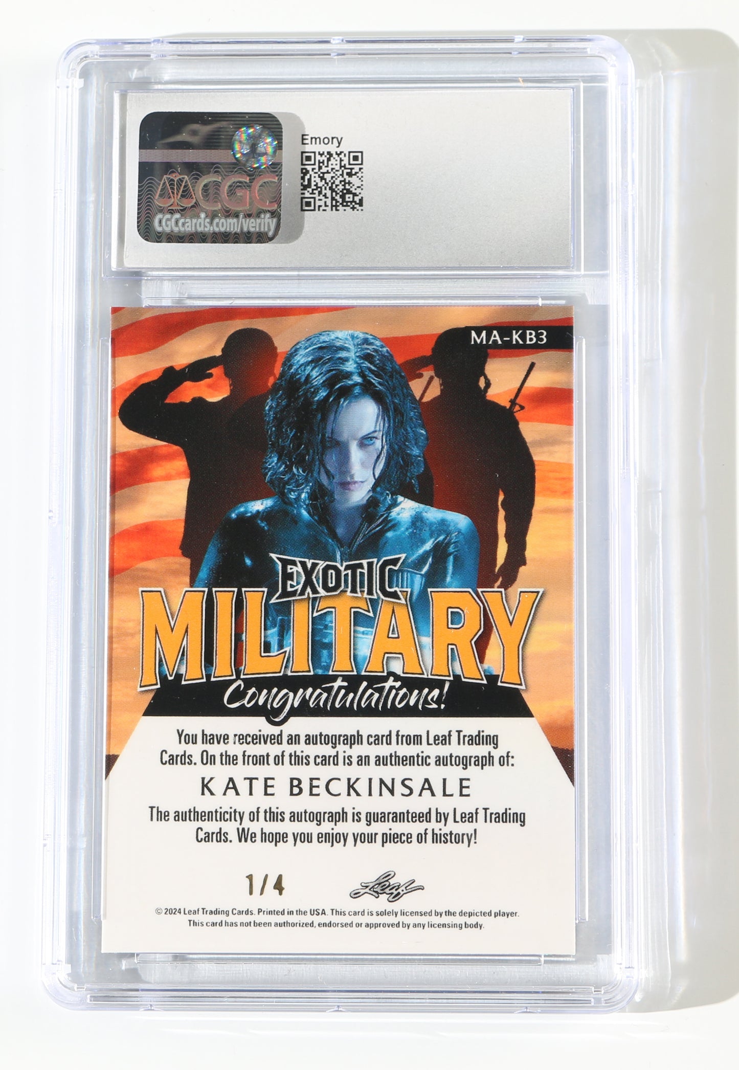
                  
                    Kate Beckinsale as Selene in Underworld (CGC Encapsulated) Signed Leaf Exotic Military Trading Card #MA-KB3 Limited Edition #1/4
                  
                