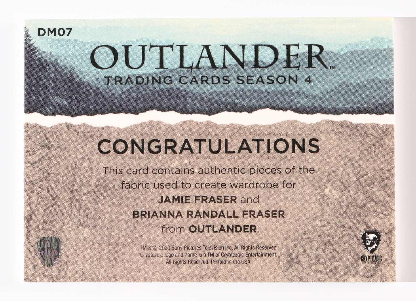 
                  
                    Sam Heughan as Jamie Fraser & Sophie Skelton as Brianna Randall Fraser in Outlander Cryptozoic Authentic Wardrobe Trading Card #DM07 Limited Edition #132/200
                  
                