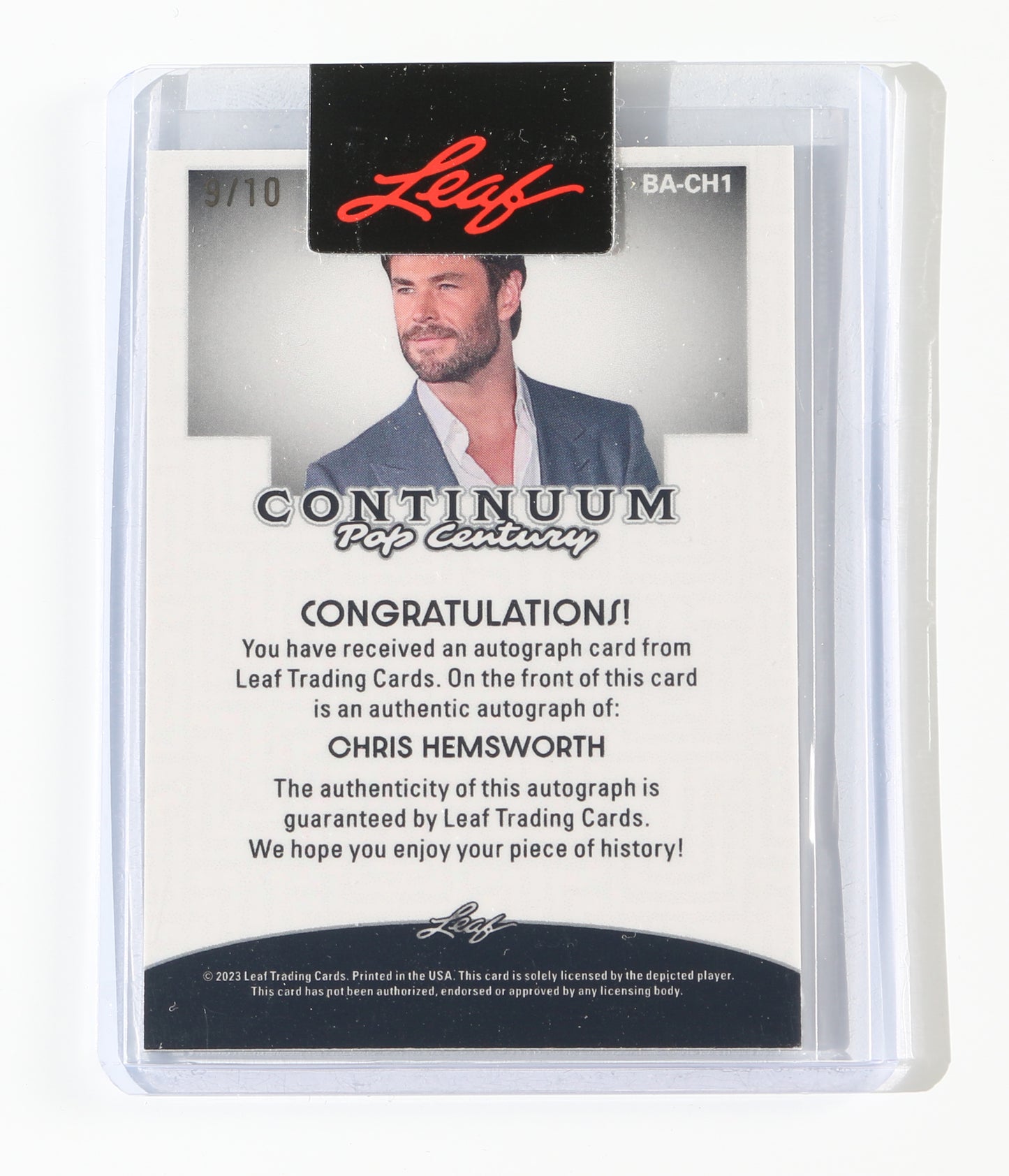 
                  
                    Chris Hemsworth from Thor, The Avengers, Extraction, & Men in Black: International Signed Leaf Pop Century Trading Card #BA-CH1 Limited Edition #9/10
                  
                