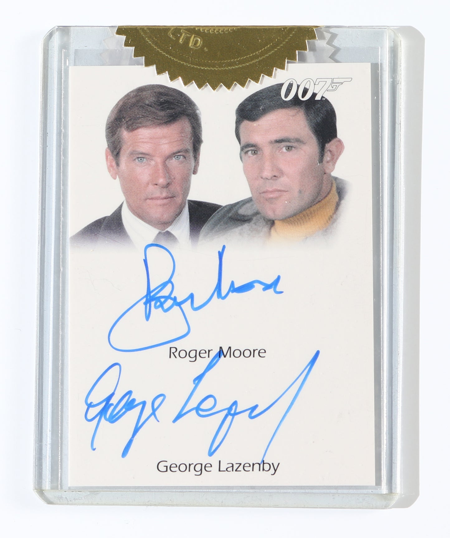 
                  
                    Roger Moore & George Lazenby as James Bond 007 Dual Signature Rittenhouse 007 Trading Card
                  
                