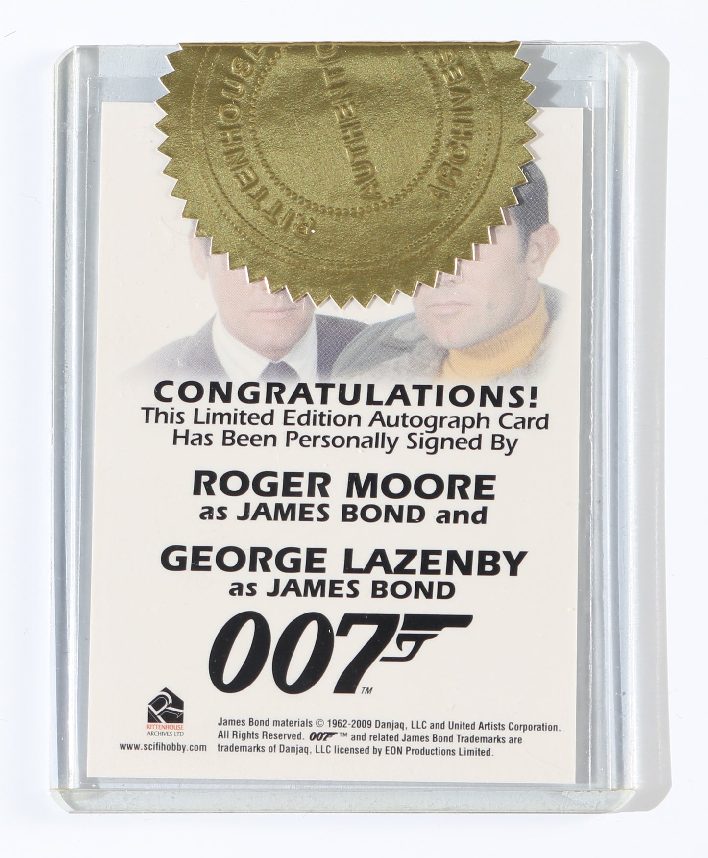 
                  
                    Roger Moore & George Lazenby as James Bond 007 Dual Signature Rittenhouse 007 Trading Card
                  
                