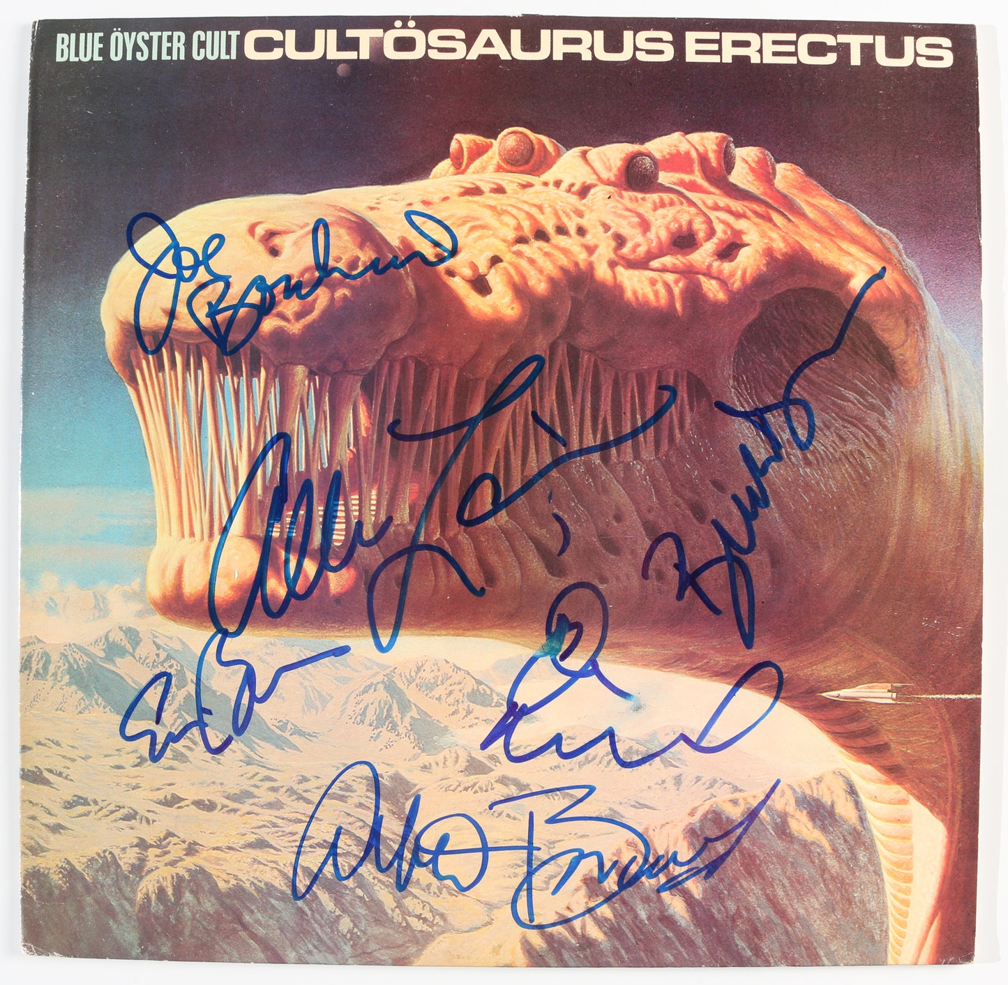 
                  
                    Blue Öyster Cult: Cultösaurus Erectus LP 12" Vinyl Record Sleeve (Beckett) Band Signed by Eric Bloom, Donald "Buck Dharma" Roeser, Allen Lanier, Joe Bouchard, Albert Bouchard, & Jules Radino
                  
                