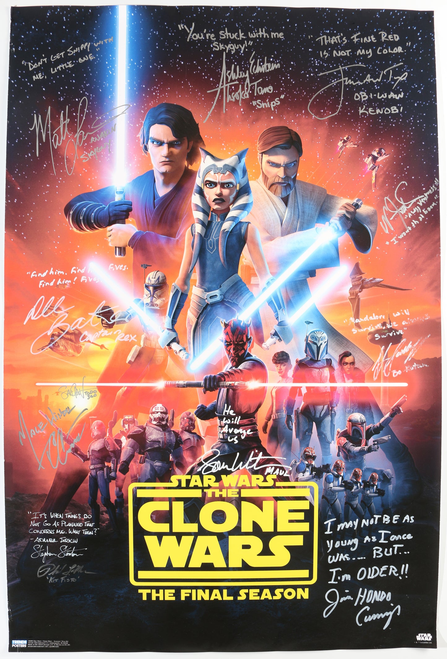 
                  
                    Star Wars: The Clone Wars 22x33.5 Poster Cast Signed by Matt Lanter, Ashley Eckstein, James Arnold Taylor, Dee Baker, Katee Sackhoff, Sam Witwer, & More
                  
                