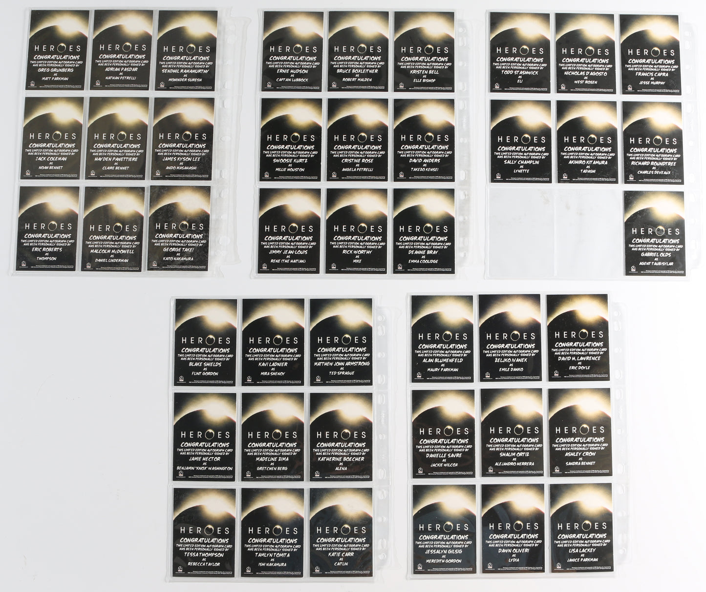 
                  
                    Heroes Rittenhouse Trading Cards 134pc LOT with 43 Cards Signed by Hayden Panettiere, Kristen Bell, Ernie Hudson, Bruce Boxleitner, George Takei, Jack Coleman, James Kyson Lee, Malcolm McDowell, Eric Roberts, Sendhil Ramamurthy, & More
                  
                