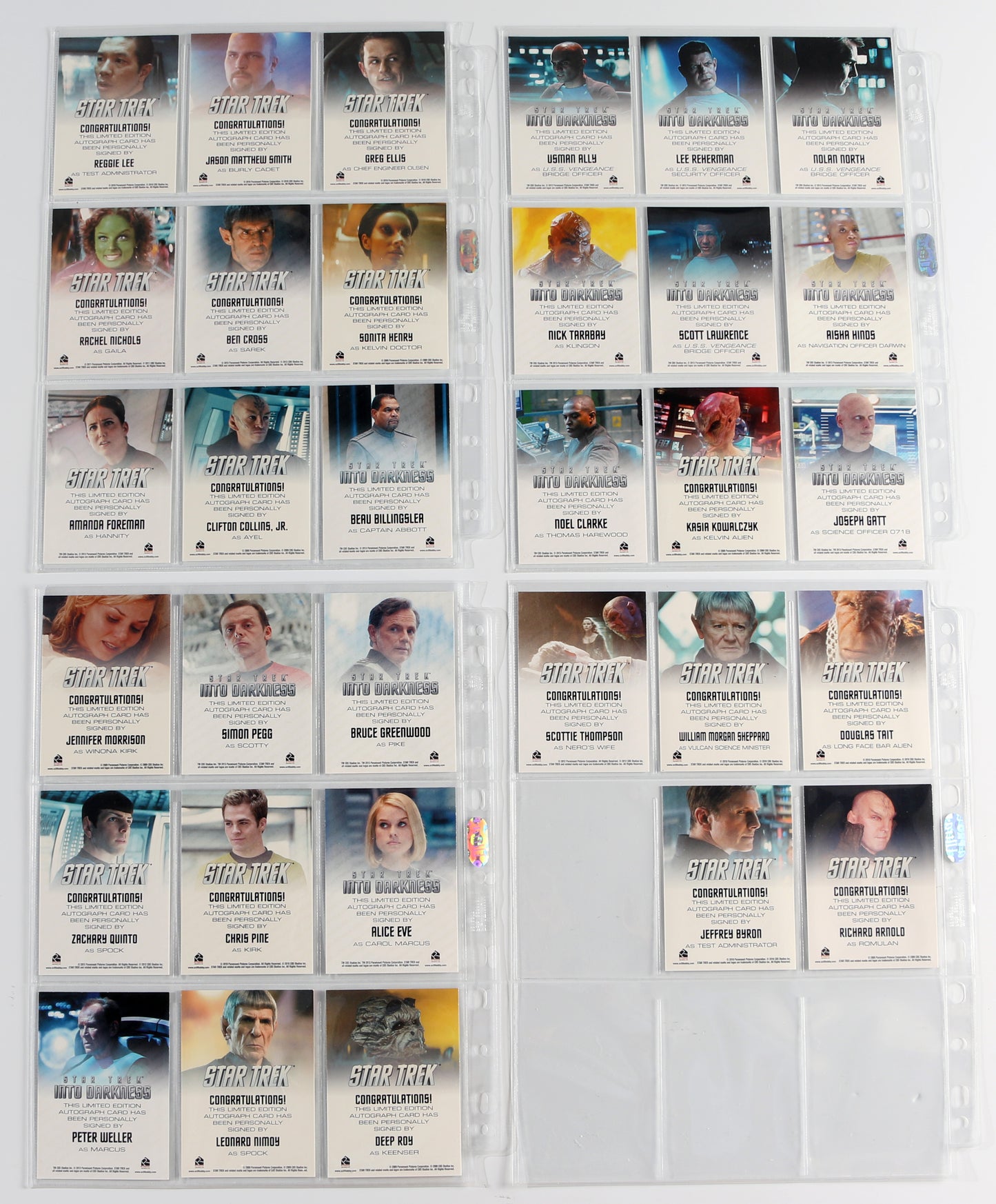 
                  
                    Star Trek Rittenhouse Trading Cards 265pc LOT with 32 Cards Signed by Ben Cross, Chris Pine, Zachary Quinto, Simon Pegg, Leonard Nimoy, Deep Roy, Scottie Thompson, Sonita Henry, Beau Billingslea, Greg Ellis, Reggie Lee, Richard Arnold, & More
                  
                