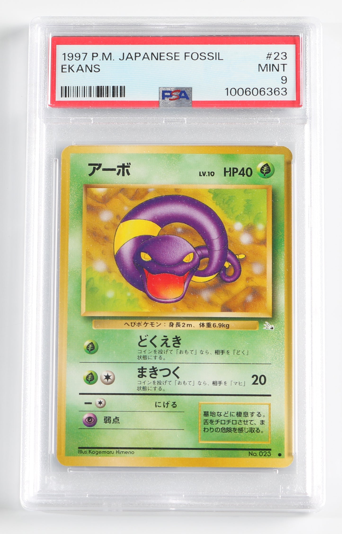 
                  
                    Ekans Fossil (PSA Encapsulated Grade Mint 9) 1997 Japanese Pokemon Trading Card #23
                  
                