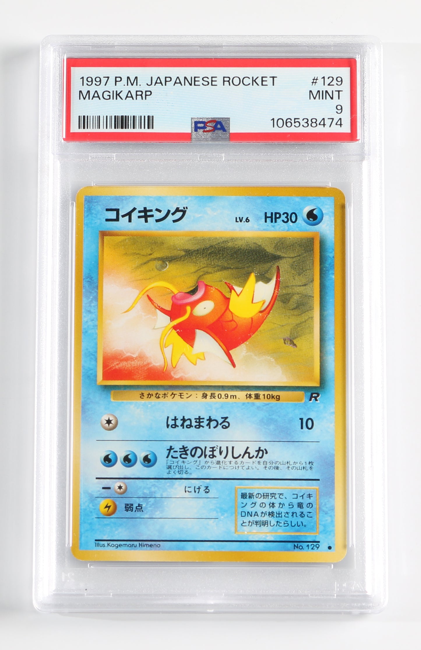 
                  
                    Magikarp Rocket (PSA Encapsulated Grade Mint 9) 1997 Japanese Pokemon Trading Card #129
                  
                