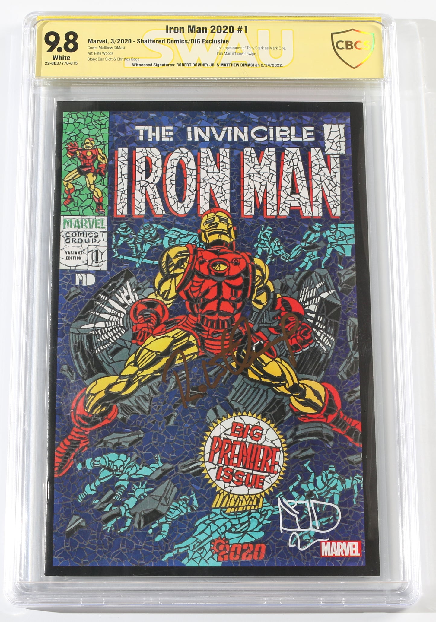 
                  
                    Iron Man 202 #1 - Shattered Comics/DIG Exclusive - Signed by Robert Downey Jr. & Matthew Dimasi (CBCS Witnessed Signature 9.8) 2020
                  
                