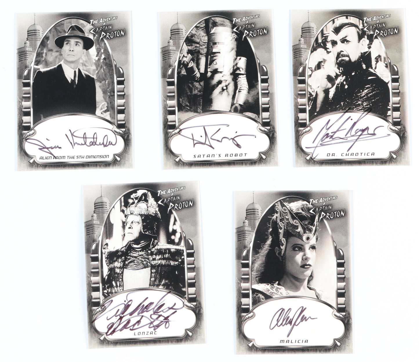 
                  
                    Star Trek: Voyager Captain Proton Rittenhouse Trading Cards 5pc LOT Signed by Jim Krestalvde, Tarik Ergin, Martin Rayner, Nicholas Worth, & Alissa Kramer
                  
                