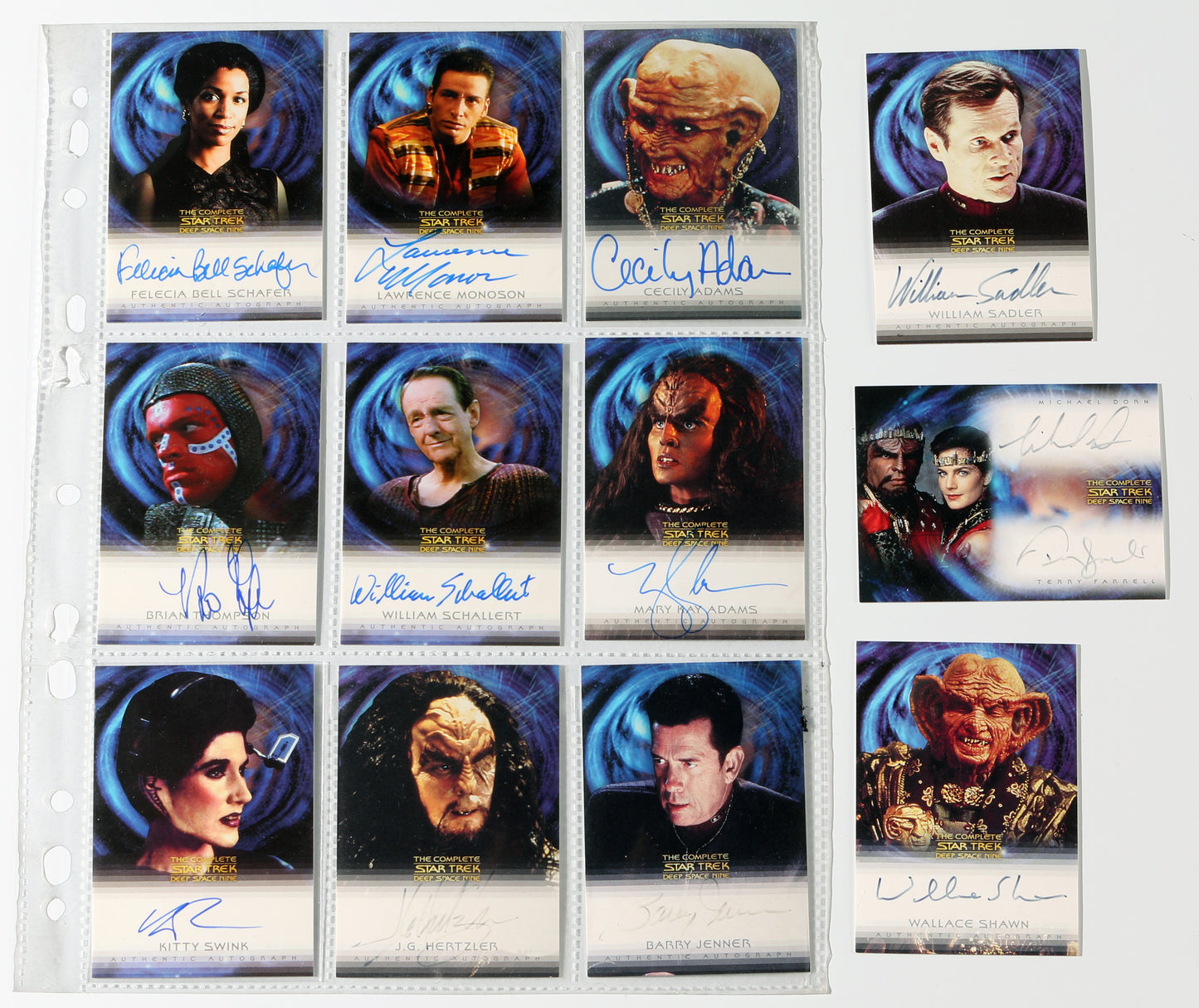 
                  
                    Star Trek: Deep Space Nine Rittenhouse Trading Cards 12pc LOT Signed by Felecia Bell Schafer, Lawrence Monoson, Cecily Adams, Brian Thompson, William Schallert, Mary Kay Adams, Kitty Swink, J.G. Hertzler, Barry Jenner, & Others
                  
                