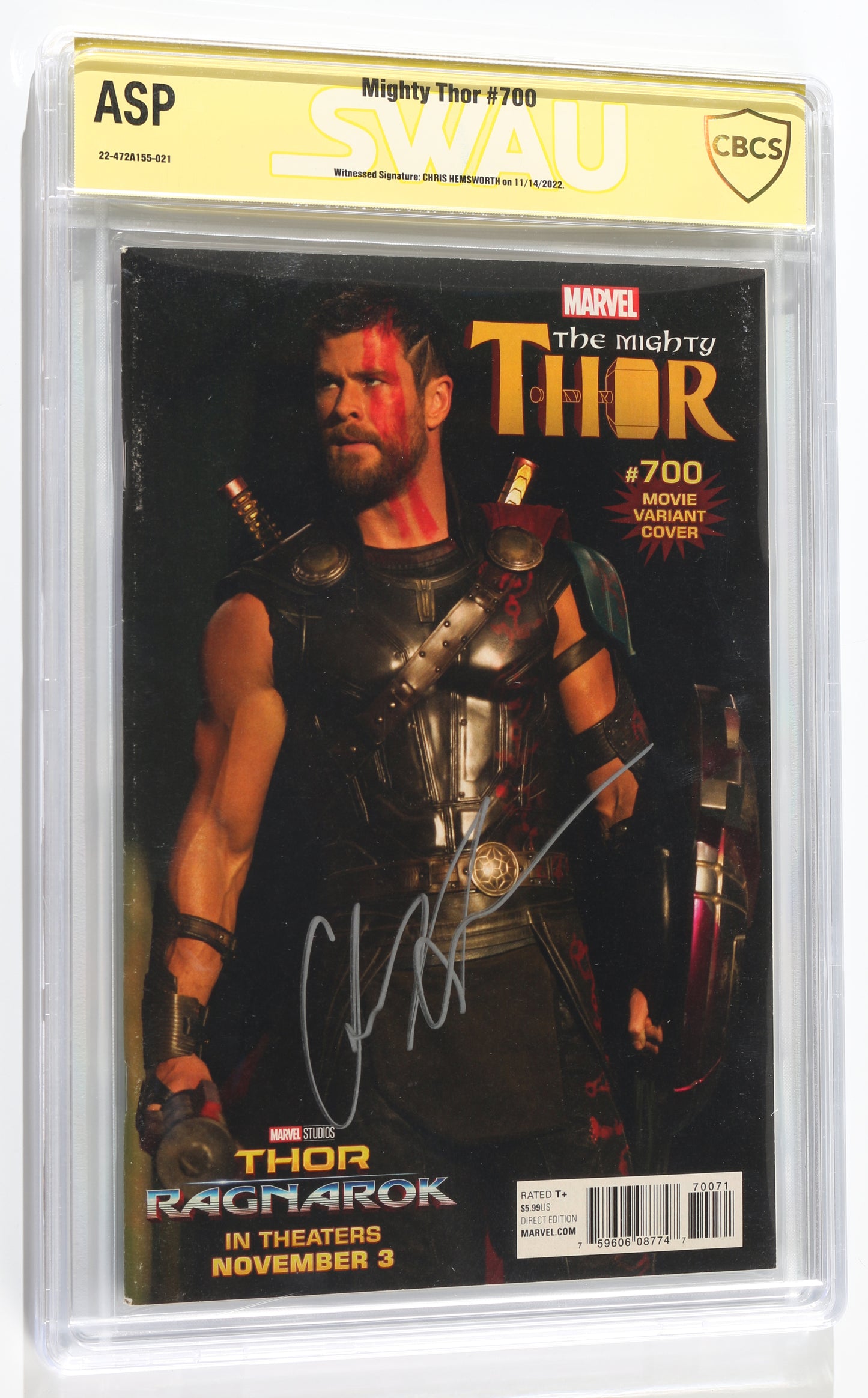 
                  
                    Mighty Thor #700 - Movie Variant Cover - Signed by Chris Hemsworth (CBCS Authentic Signature Program) 2017
                  
                