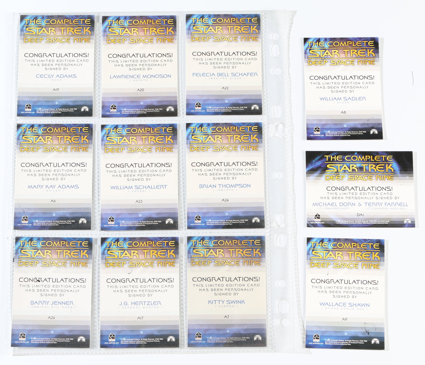 
                  
                    Star Trek: Deep Space Nine Rittenhouse Trading Cards 12pc LOT Signed by Felecia Bell Schafer, Lawrence Monoson, Cecily Adams, Brian Thompson, William Schallert, Mary Kay Adams, Kitty Swink, J.G. Hertzler, Barry Jenner, & Others
                  
                