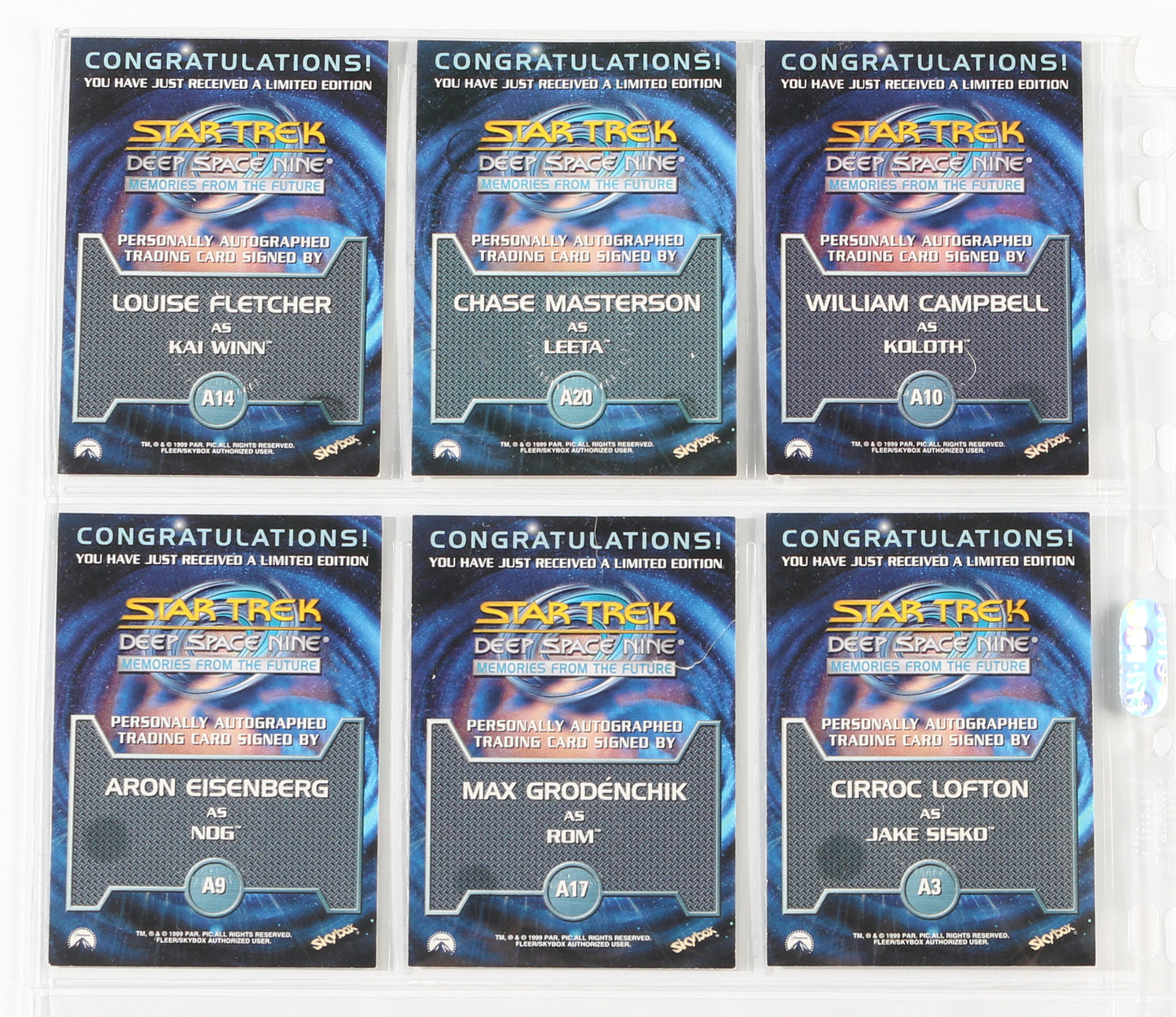 
                  
                    Star Trek: Deep Space Nine Skybox Trading Cards 6pc LOT Signed by William Campbell, Chase Masterson, Louise Fletcher, Cirroc Lofton, Max Grodénchik, & Aaron Eisenberg
                  
                