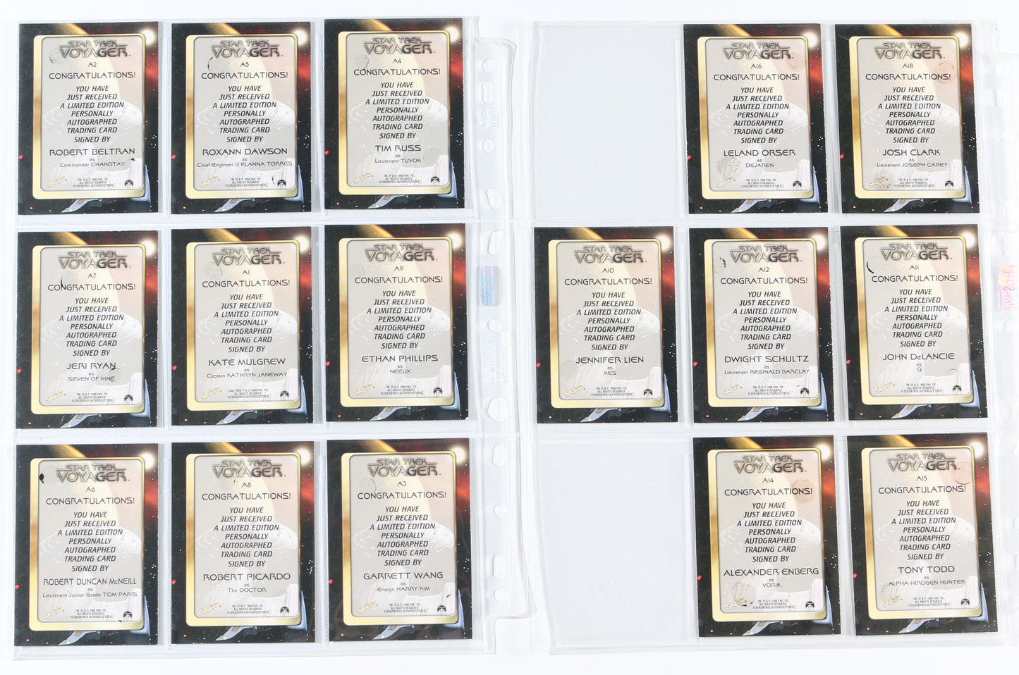 
                  
                    Star Trek: Voyager Skybox Trading Cards 16pc LOT Signed by Tim Russ, Jennifer Lien, Roxann Dawson, Robert Beltran, Ethan Phillips, Kate Mulgrew, Jeri Ryan, & Others
                  
                