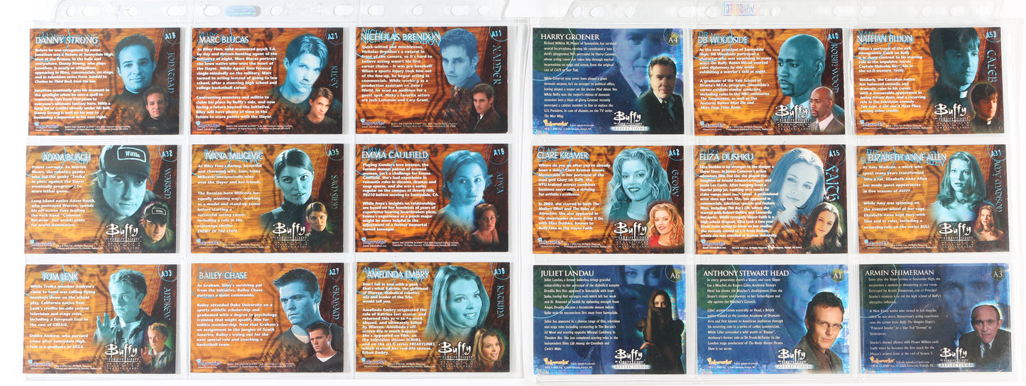 
                  
                    Buffy the Vampire Slayer Inkworks Trading Cards 18pc LOT Signed by Nathan Fillion, DB Woodside, Harry Groener, Elizabeth Anne Allen, Eliza Dushku, Clare Kramer, Armin Shimerman, & Others
                  
                