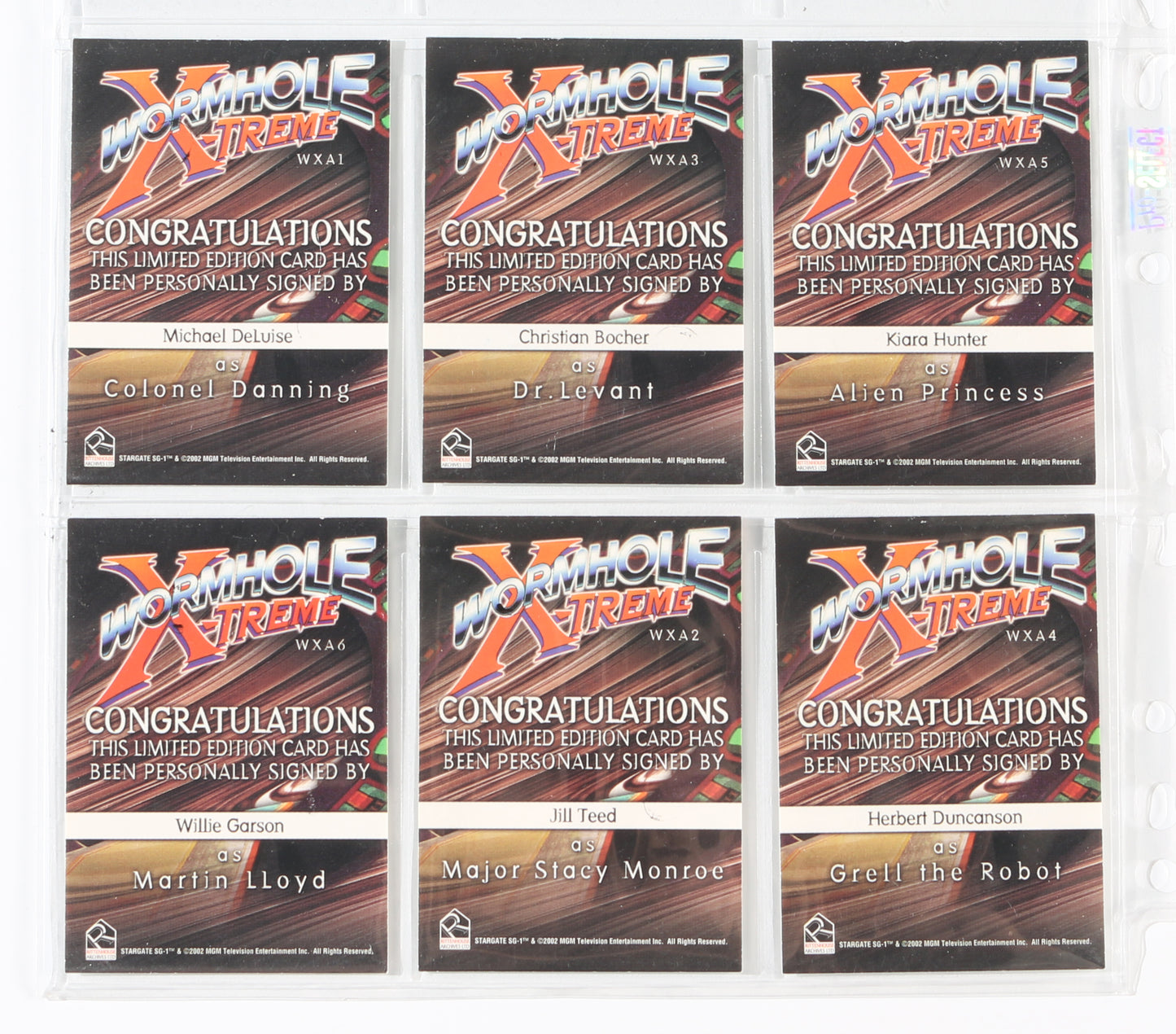 
                  
                    Stargate SG-1 Wormhole X-Treme Rittenhouse Trading Cards 6pc LOT Signed by Michael DeLuise, Christian Bocher, Kiara Hunter, Willie Garson, Jill Teed, & Herbert Duncanson
                  
                