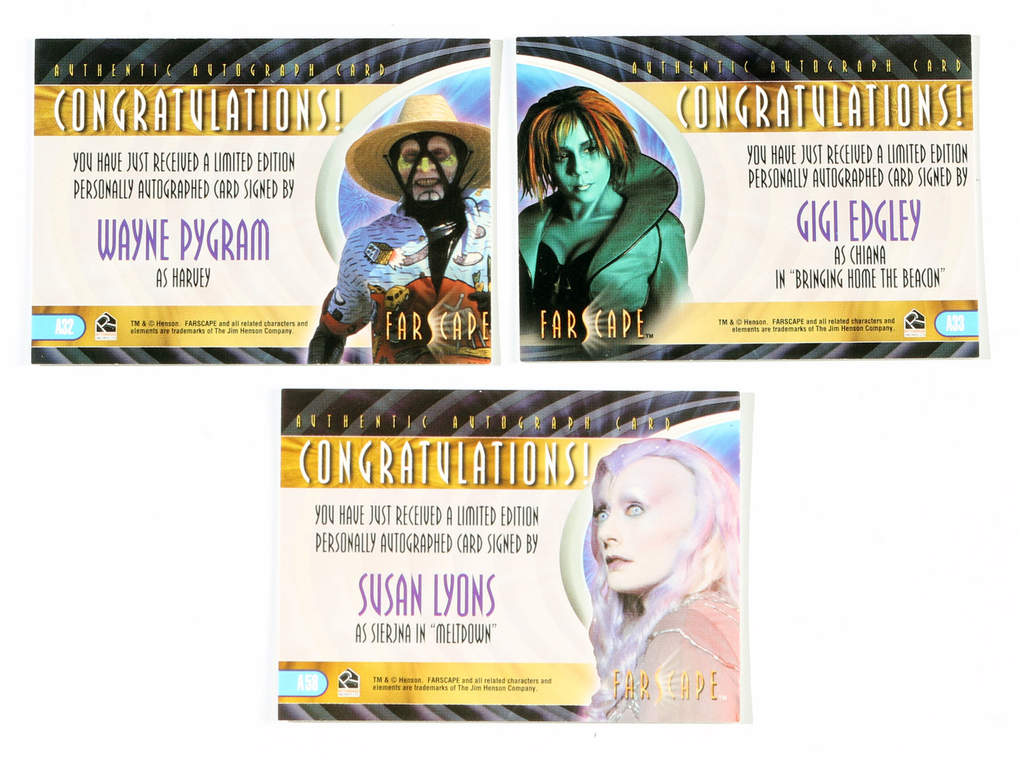
                  
                    Farscape Rittenhouse Autograph Trading Cards 3pc LOT Signed by Gigi Edgley, Wayne Pygram, & Susan Lyons
                  
                