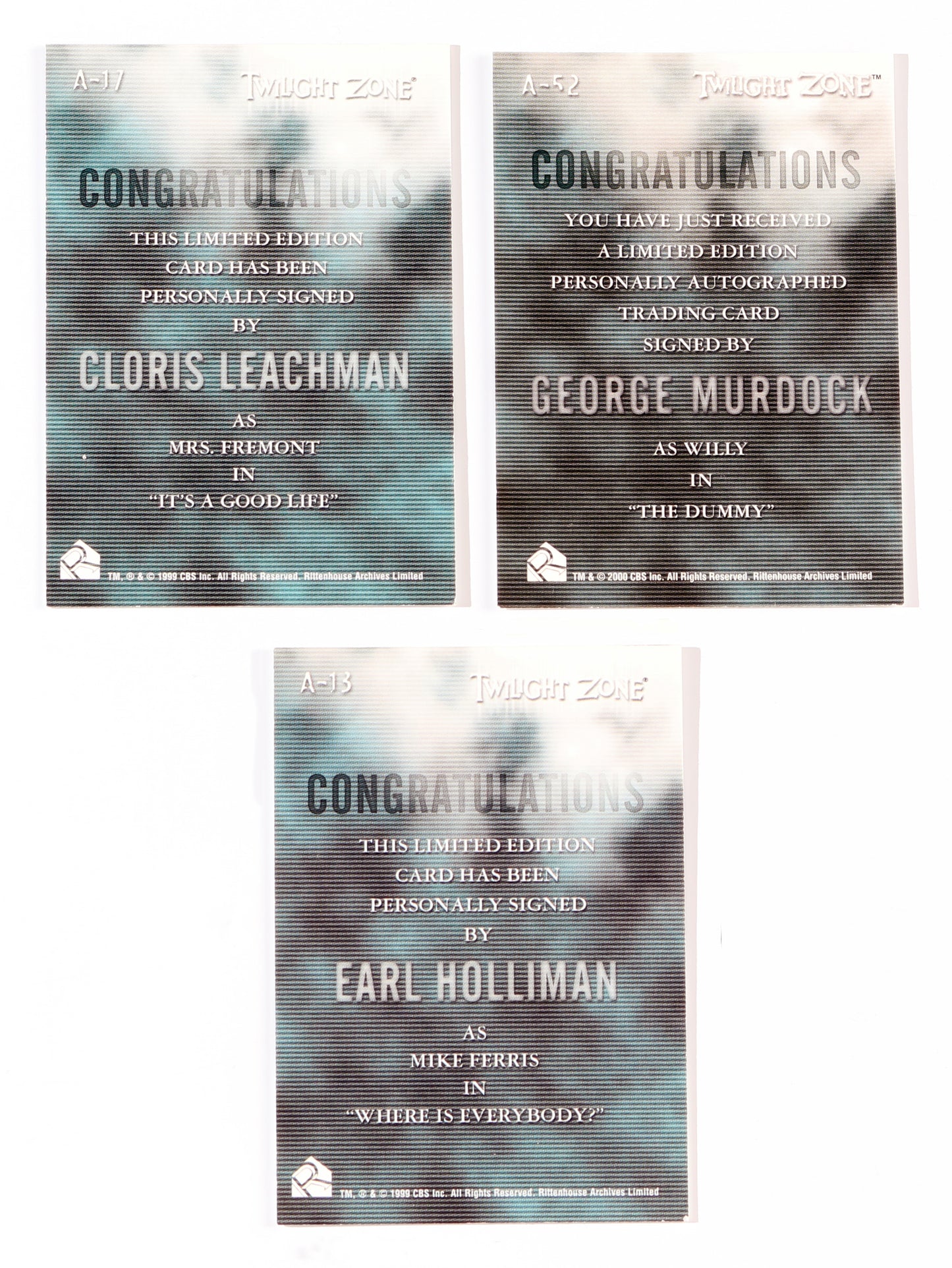
                  
                    The Twilight Zone Rittenhouse Trading Cards 3pc LOT Signed by Earl Holliman, George Murdock, & Cloris Leachman
                  
                