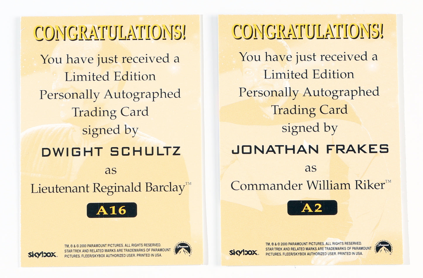 
                  
                    Jonathan Frakes as Commander William Riker & Dwight Schultz as Lt. Reginald Barclay in Star Trek: The Next Generation Signed Skybox Trading Cards 2pc LOT
                  
                