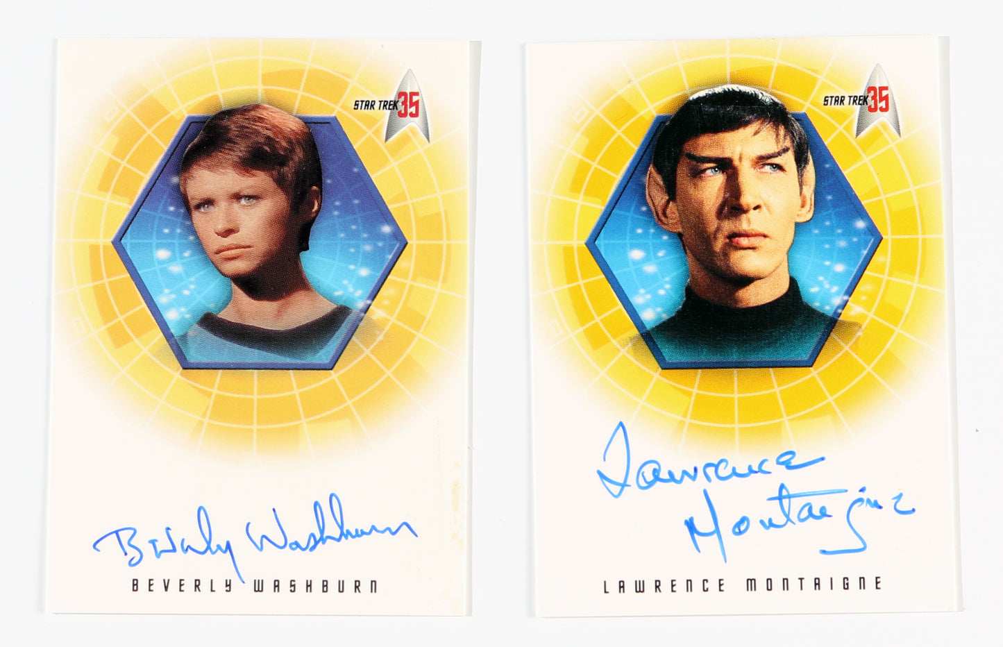 
                  
                    Beverly Washburn as Lt. Galway & Lawrence Montaigne as Stonn in Star Trek Signed Rittenhouse Trading Cards 2pc LOT
                  
                