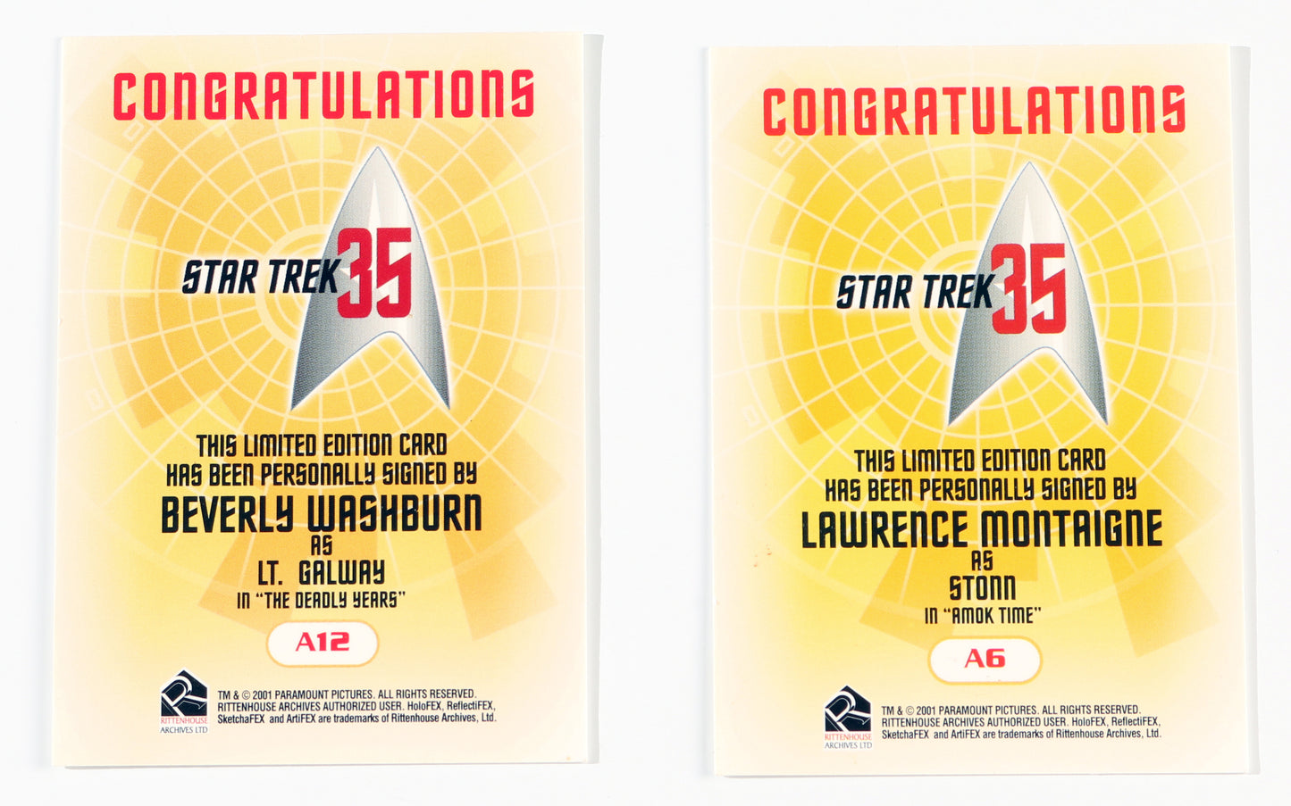 
                  
                    Beverly Washburn as Lt. Galway & Lawrence Montaigne as Stonn in Star Trek Signed Rittenhouse Trading Cards 2pc LOT
                  
                