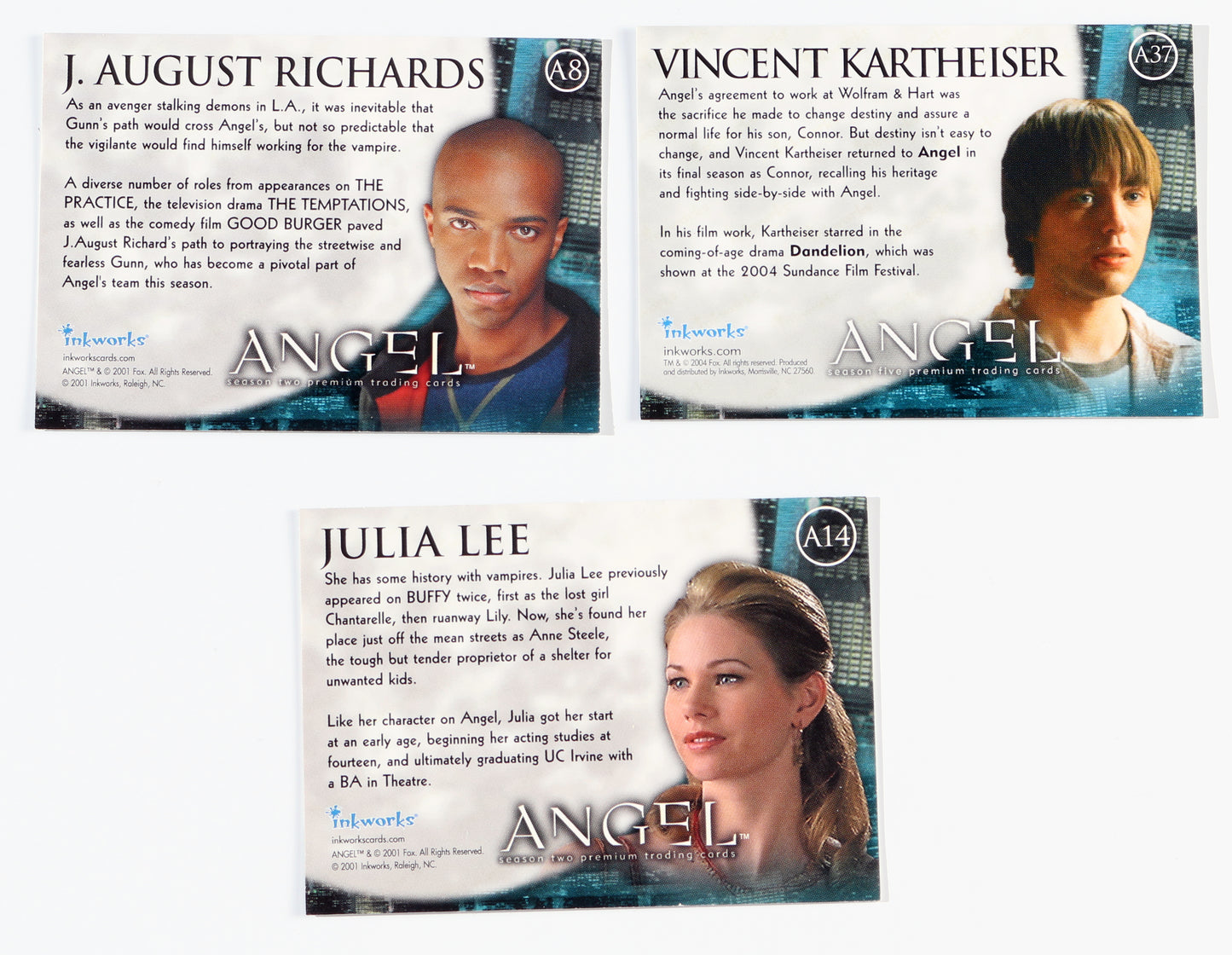 
                  
                    Angel Inkworks Trading Cards 3pc LOT Signed by Vincent Kartheiser, J. August Richards, & Julia Lee
                  
                
