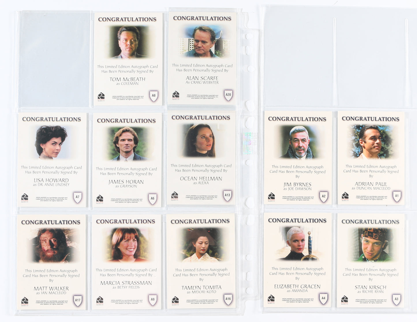 
                  
                    Highlander Rittenhouse Autograph Series Trading Cards 12pc LOT Signed by Jim Byrnes, Adrian Paul, Stan Kirsch, Elizabeth Gracen, Alan Scarfe, Tom McBeath, Ocean Hellman, James Horan, Lisa Howard, Tamlyn Tomita, Marcia Strassman, & Matt Walker
                  
                