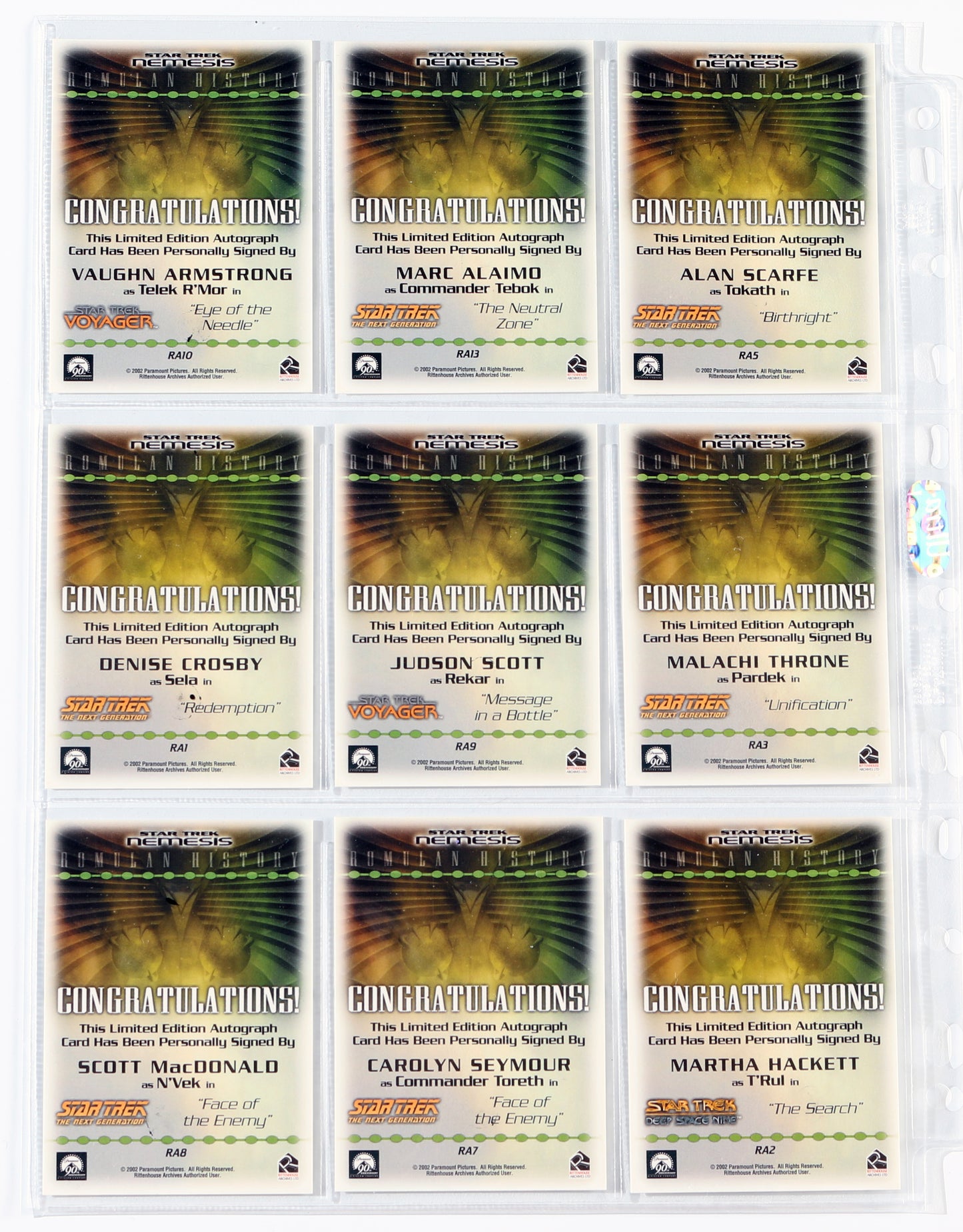 
                  
                    Star Trek: The Next Generation Rittenhouse Autograph Trading Cards 9pc LOT Signed by Vaughn Armstrong, Marc Alaimo, Alan Scarfe, Denise Crosby, Judson Scott, Malachi Throne, Scott MacDonald, Carolyn Seymour, & Martha Hackett
                  
                