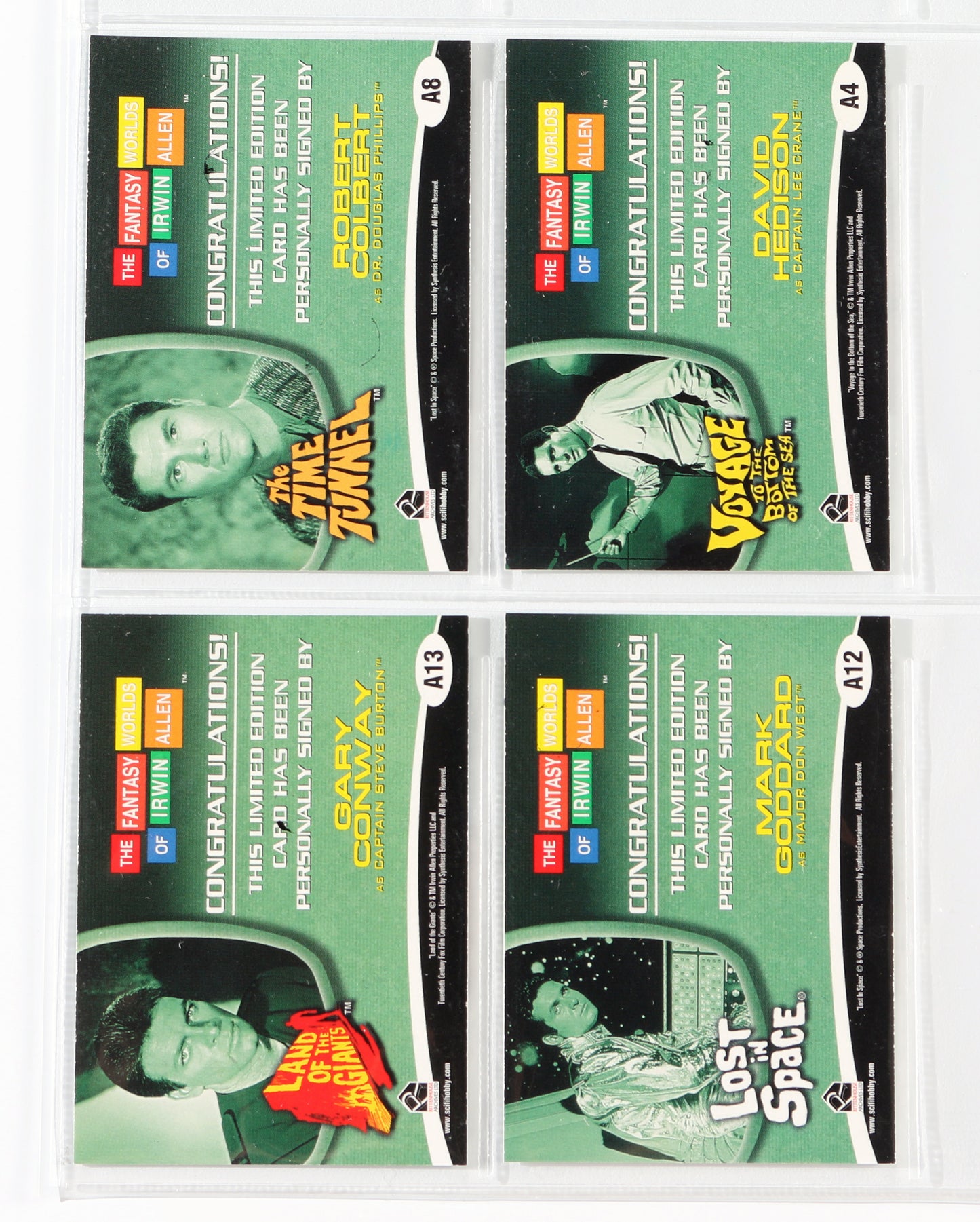 
                  
                    The Fantasy Worlds of Irwin Allen Rittenhouse Autograph Trading Cards 4pc LOT Signed by Gary Conway, Robert Colbert, Mark Goddard, & David Hedison
                  
                