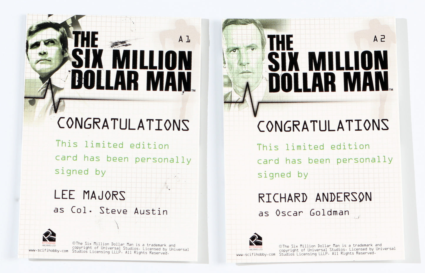 
                  
                    The Six Million Dollar Man Rittenhouse Autograph Trading Cards 2pc LOT Signed by Richard Anderson & Lee Majors
                  
                