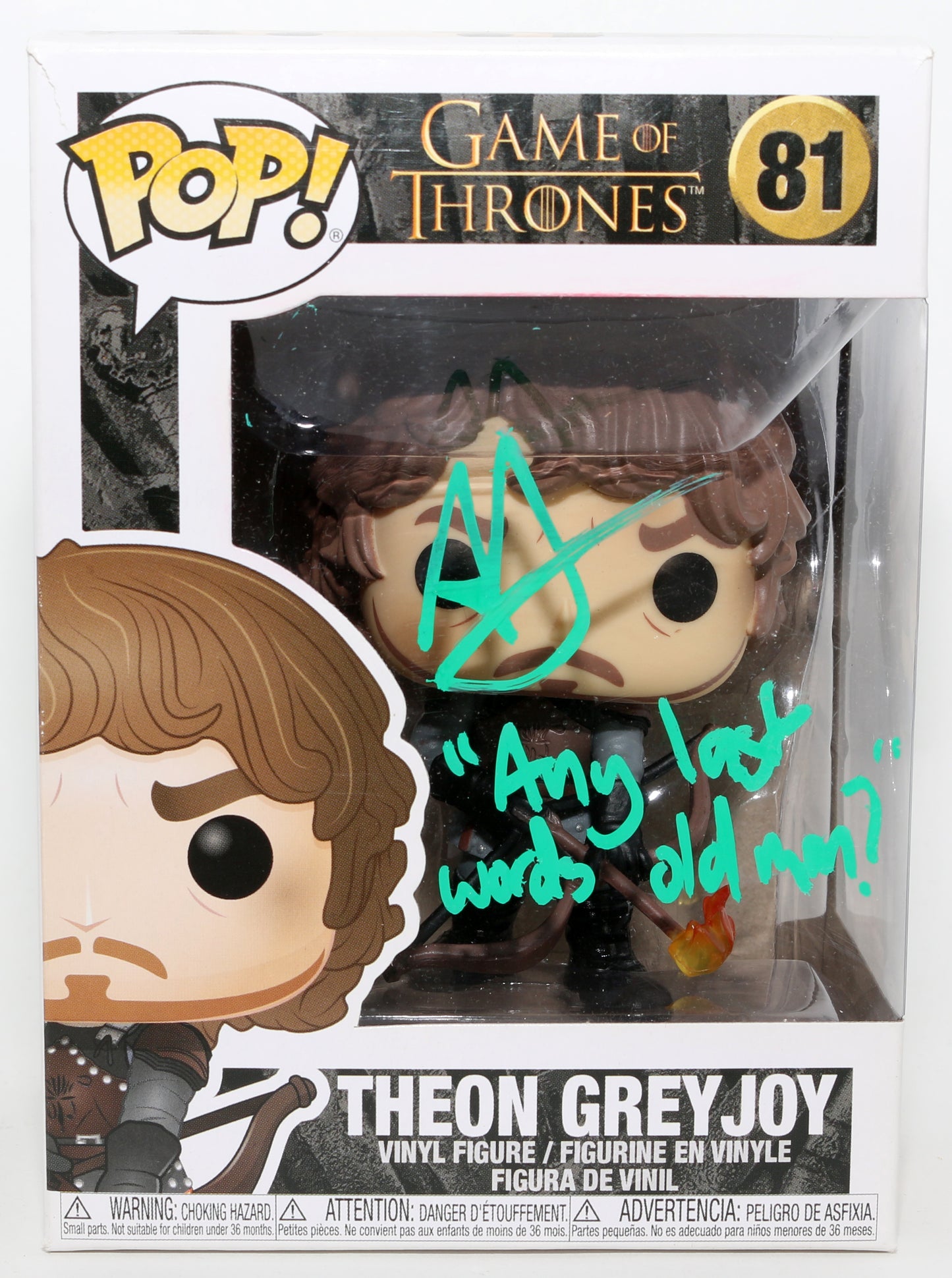 
                  
                    Alfie Allen as Theon Greyjoy in Game of Thrones Signed Funko POP! #81 with Quote
                  
                