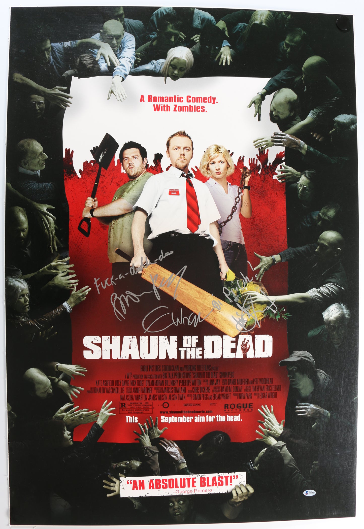 
                  
                    Simon Pegg as Shaun, Nick Frost as Ed, & Edgar Wright Director of Shaun of the Dead Signed 27x40 Poster with Quotes
                  
                