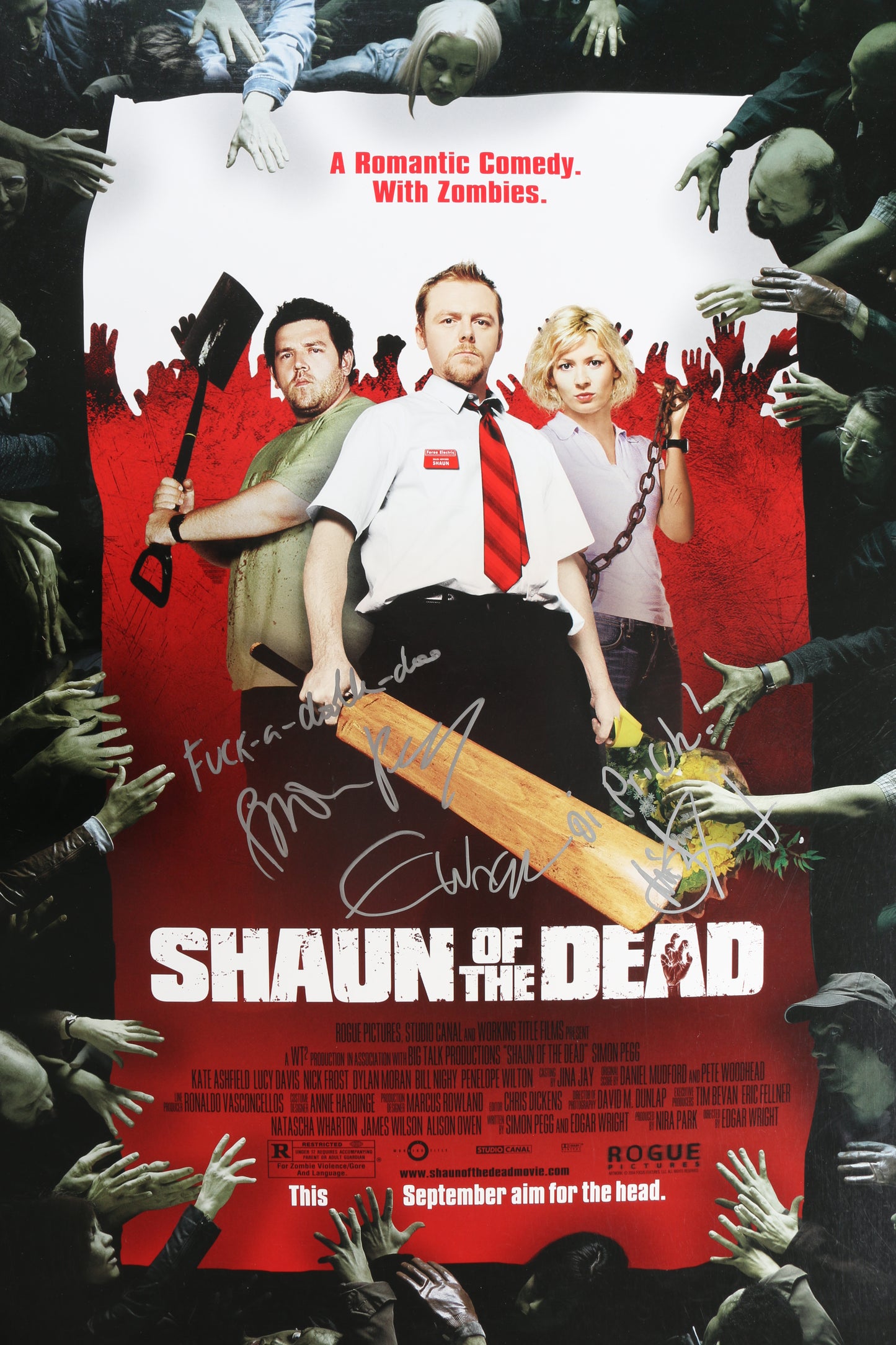 
                  
                    Simon Pegg as Shaun, Nick Frost as Ed, & Edgar Wright Director of Shaun of the Dead Signed 27x40 Poster with Quotes
                  
                