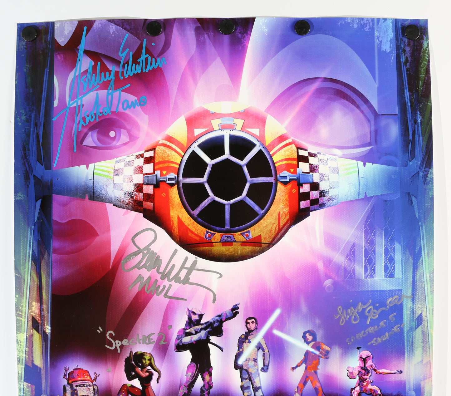 
                  
                    Star Wars: Rebels 16x24 Poster Cast Signed by Ashley Eckstein, Sam Witwer, Tiya Sircar, Steve Blum, Taylor Gray, Jim Cummings, Dee Bradley Baker, & Vanessa Marshall with Character Names
                  
                